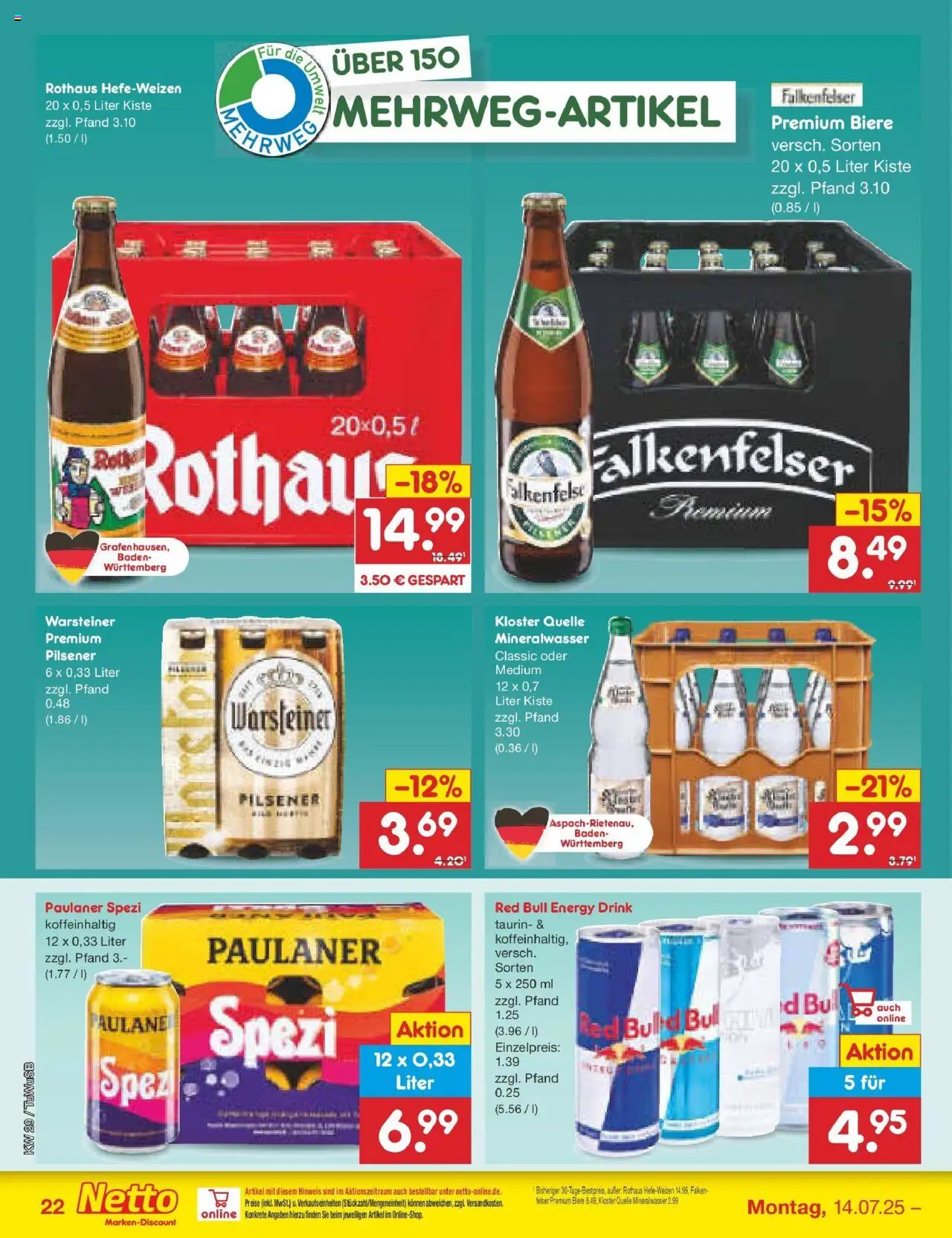 Netto Marken-Discount prospekt Calw-Stammheim	 - gültig ab dem 13.07.2025 | Seite: 32 | Produkte: Red bull, Energy, Mineralwasser, Paulaner