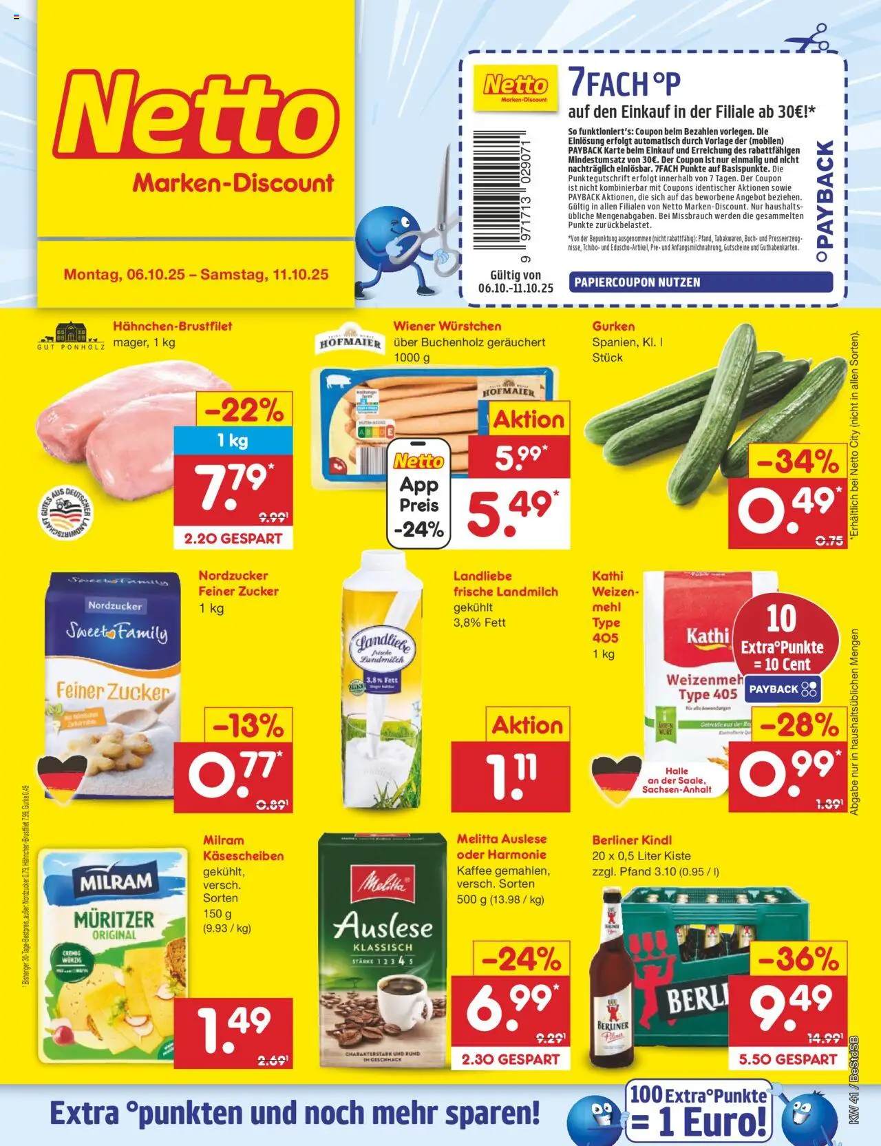 Netto Marken-Discount Prospekt 	 – gültig ab 06.10.2025 | Seite: 1 | Produkte: Wiener wurstchen, Mehl, Milram, Gurken