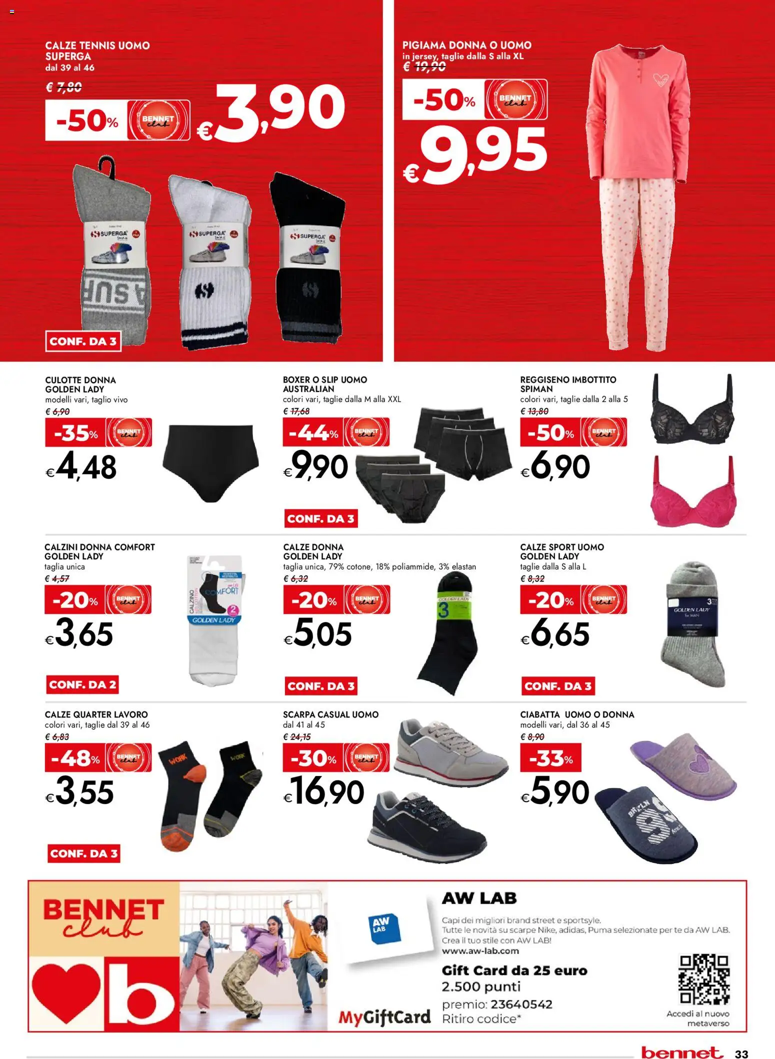 Volantino bennet del 29.01.2026 | Pagina: 33 | Prodotti: Calzini, Pigiama, Slip, Scarpe