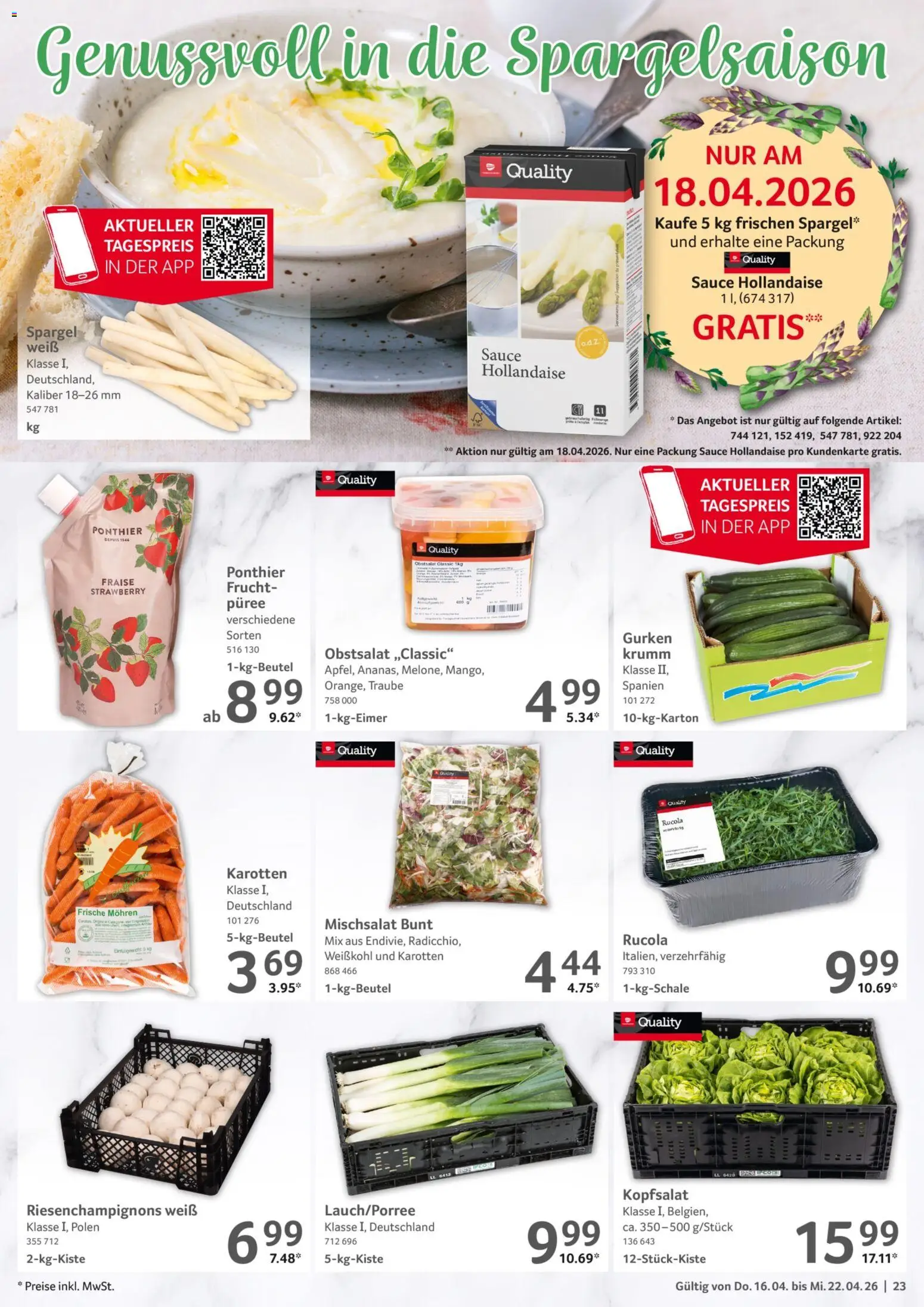 Selgros Prospekt 	 – gültig ab 16.04.2026 | Seite: 23 | Produkte: Rucola, Spargel, Mohren, Gurken