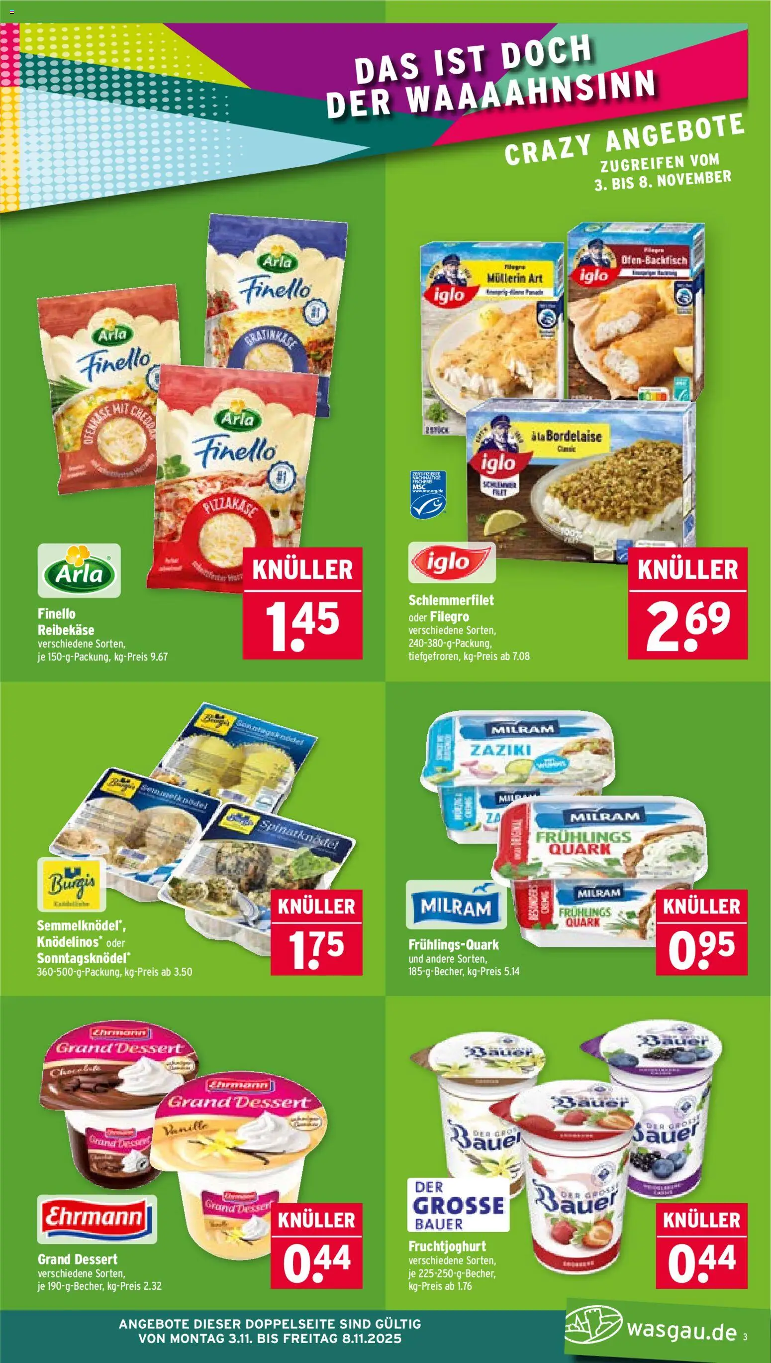 Wasgau Prospekt 	 – gültig ab 03.11.2025 | Seite: 3 | Produkte: Iglo, Fruchtjoghurt, Milram, Reibekase
