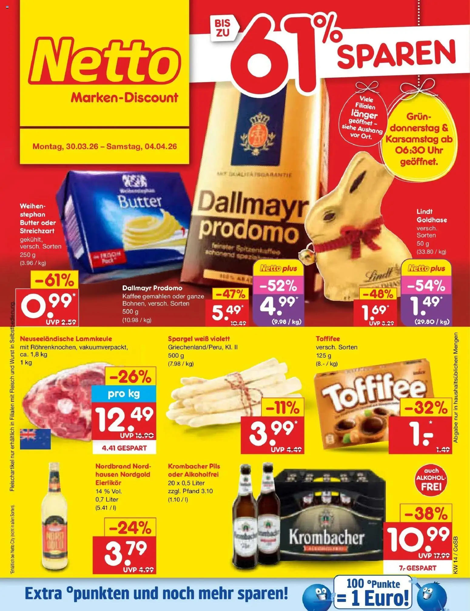 Netto Marken-Discount Prospekt Bitterfeld-Wolfen	 – gültig ab 29.03.2026 | Seite: 1 | Produkte: Butter, Pils, Dallmayr, Toffifee