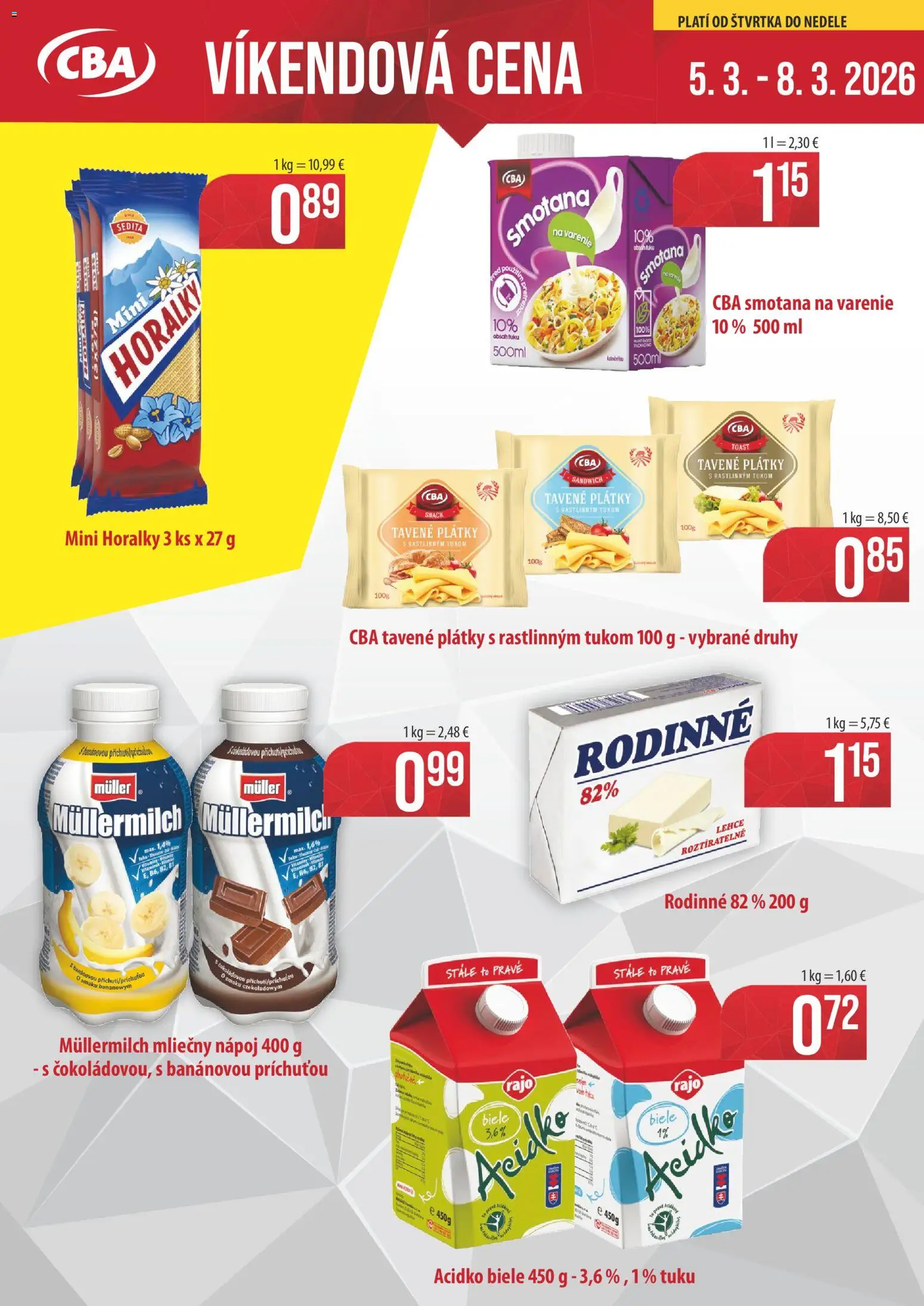 Nové CBA Verex akcie – leták je platný od 05.03.2026 | Strana: 1 | Produkty: Smotana, Acidko, Horálky