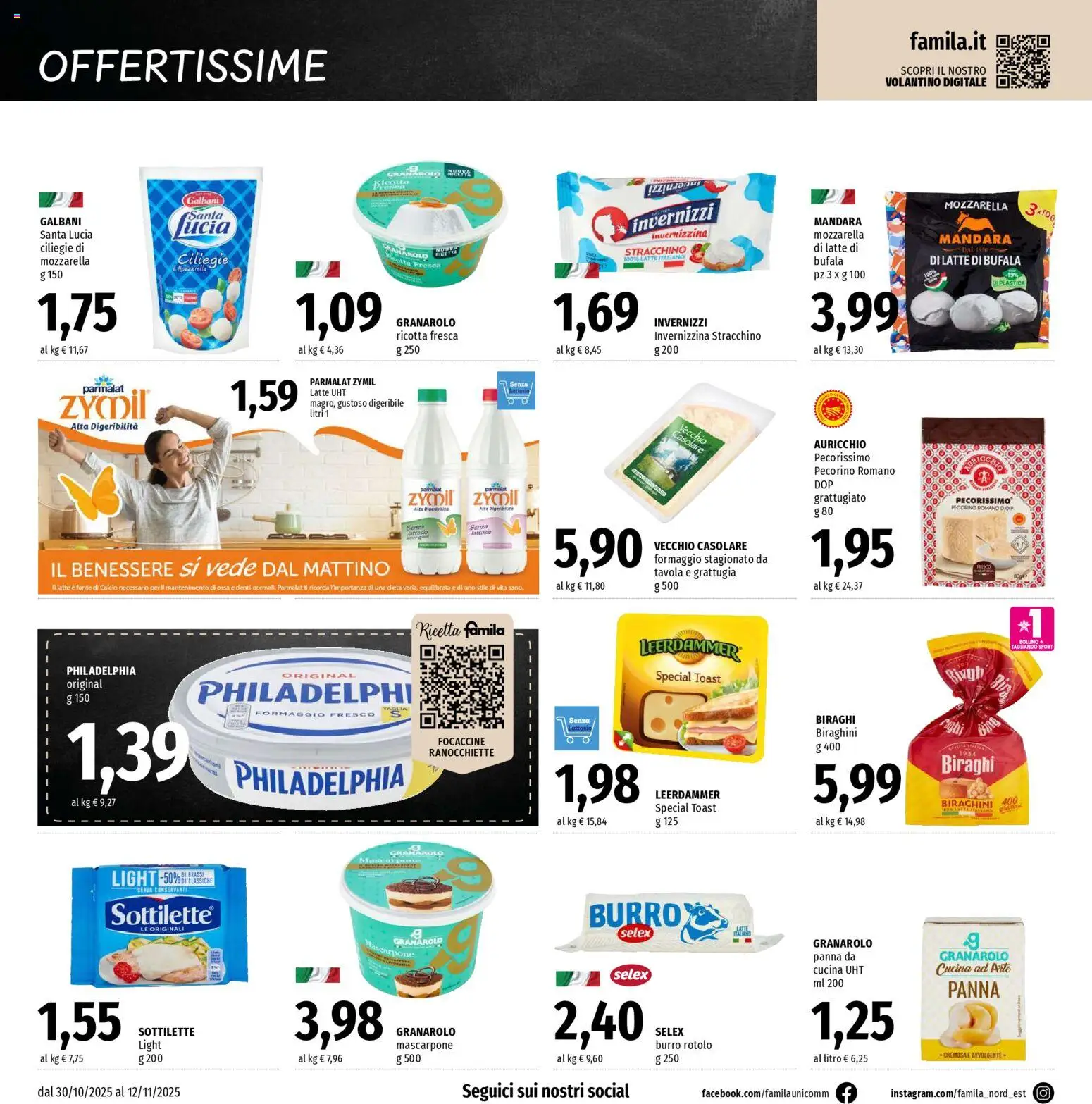 Volantino Famila del 30.10.2025 | Pagina: 12 | Prodotti: Panna, Ricotta, Mascarpone, Pecorino