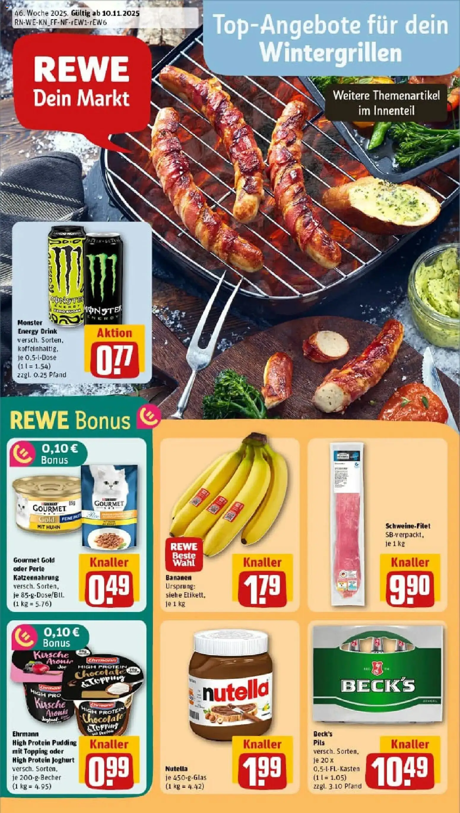 Rewe prospekt Dormagen / Delhoven	 – gültig ab 10.11.2025 | Seite: 1 | Produkte: Energy, Pils, Bananen, Schweinefilet