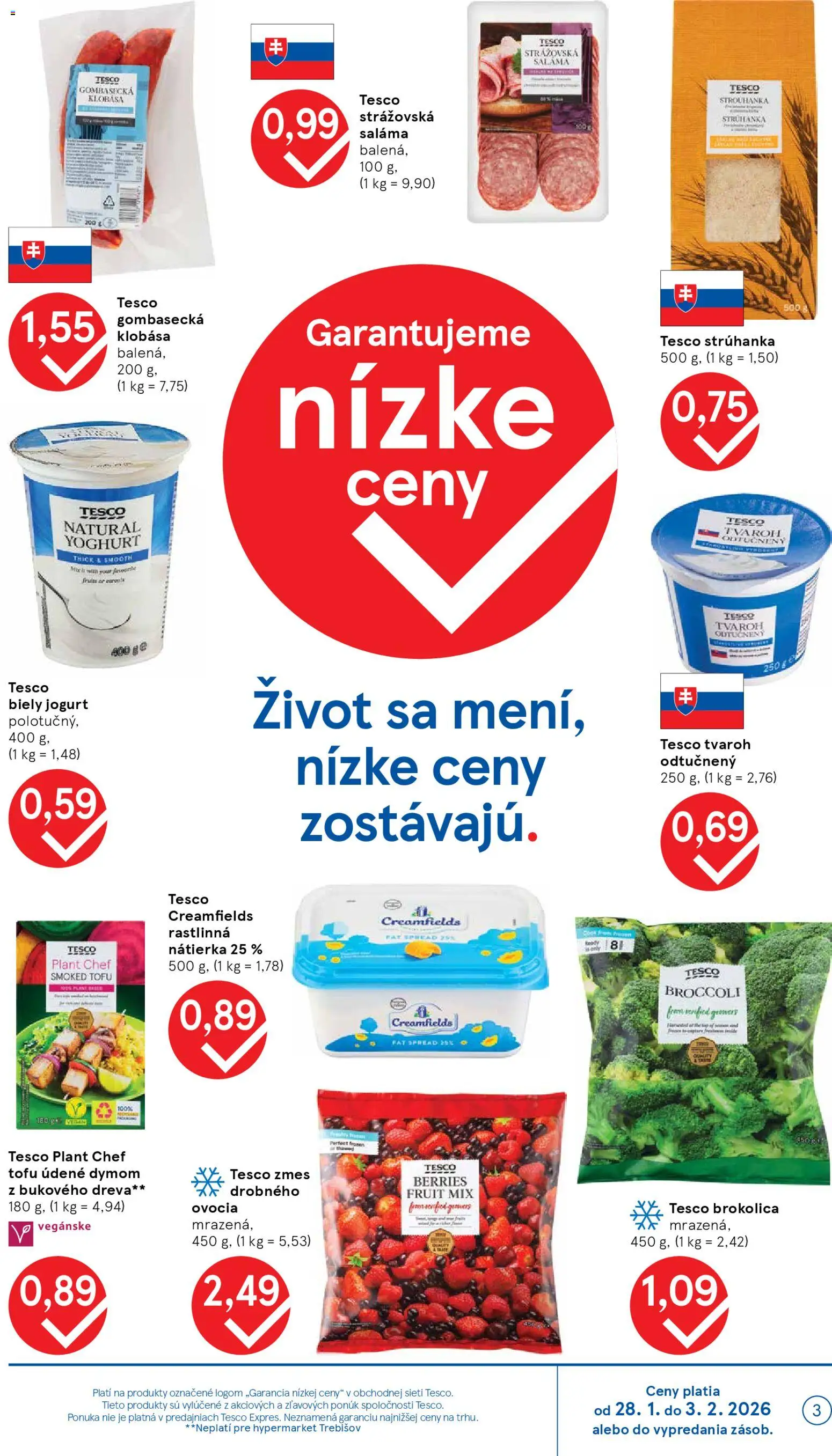 Nové Tesco akcie – leták je platný od 28.01.2026 | Strana: 3 | Produkty: Saláma, Klobása, Biely jogurt, Tvaroh