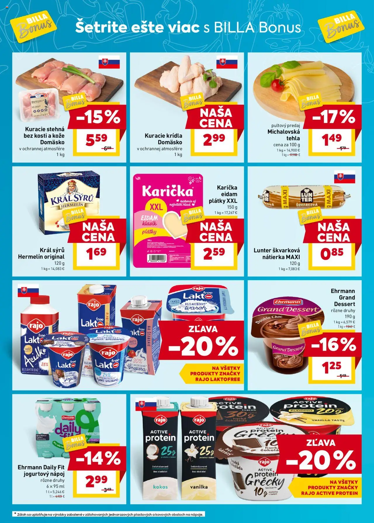 Billa Bonus leták │ platný od 16.07.2025 | Strana: 2 | Produkty: Eidam, Protein, Čokoláda, Kuracie krídla