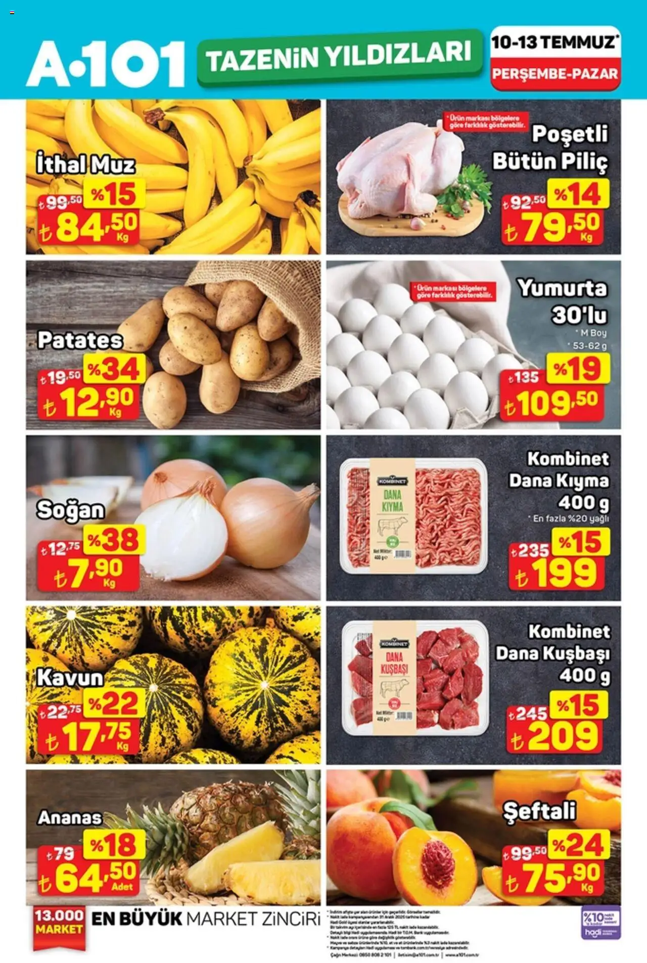 A101 Tazenin Yıldızları - 10.07.2025 tarihinden itibaren geçerlidir | Sayfa: 1 | Ürünler: Patates, Kıyma, Piliç, Kavun