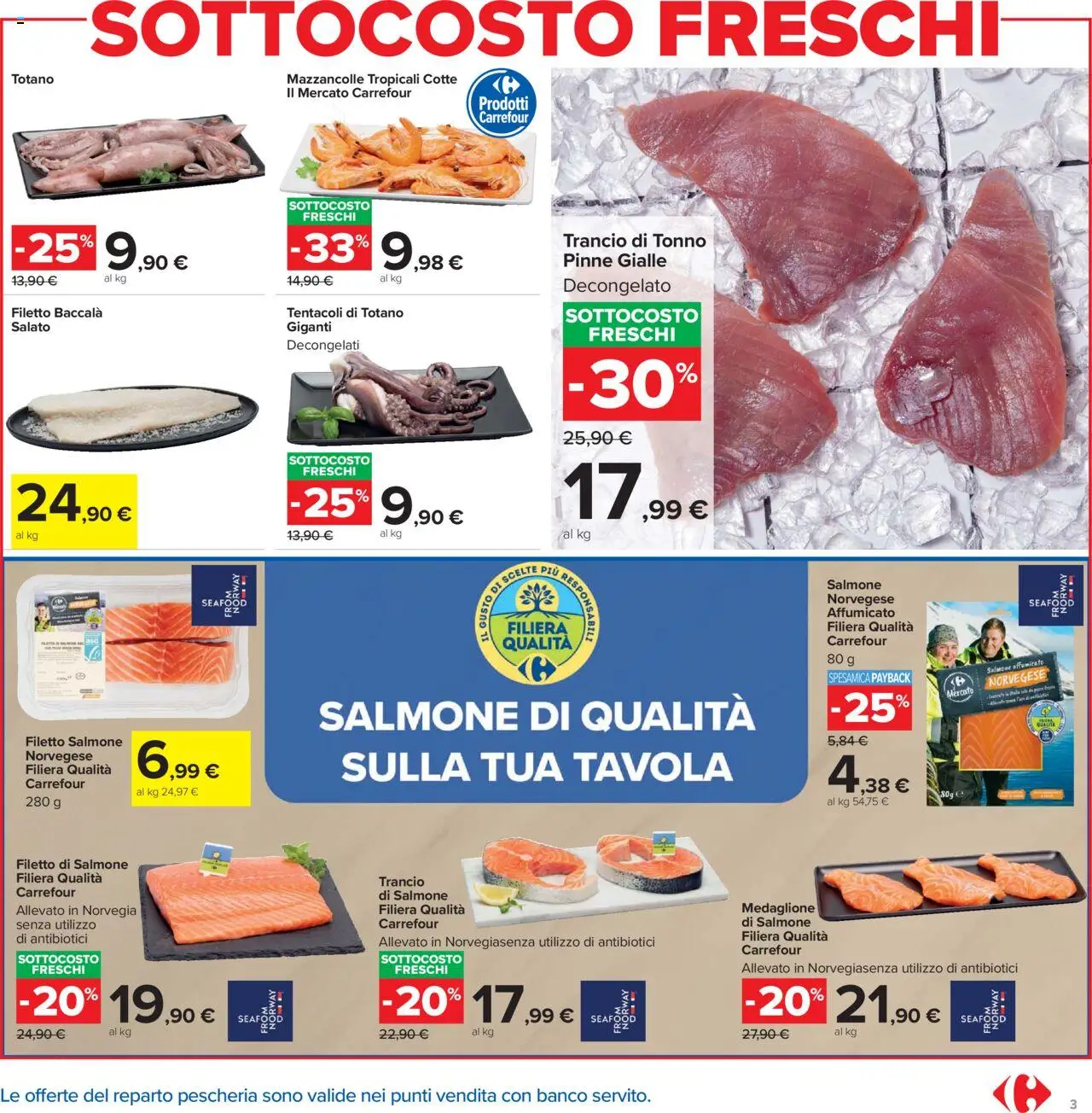 Volantino Carrefour del 20.10.2025 | Pagina: 3 | Prodotti: Salmone affumicato, Mazzancolle, Tonno, Totano