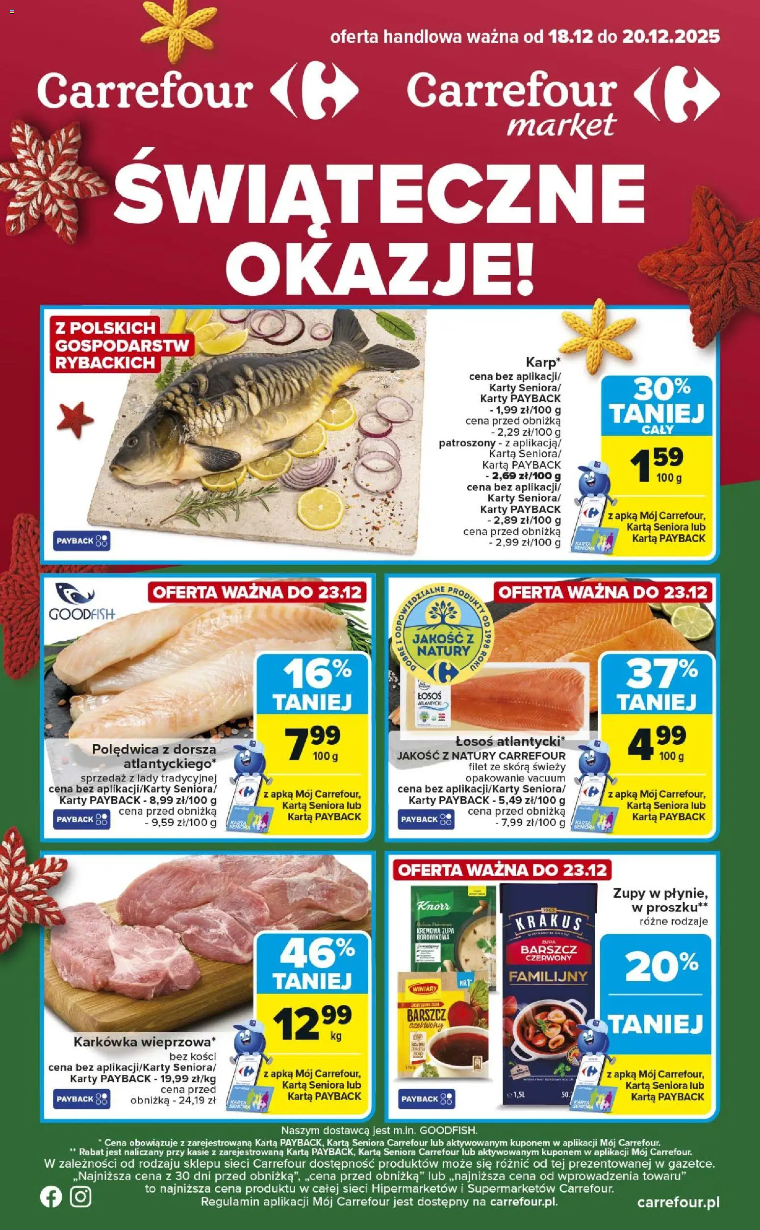 Carrefour Gazetka - Świąteczne okazje od 18.12.2025 | Strona: 1 | Produkty: Barszcz, Karkówka, Łosoś, Zupa