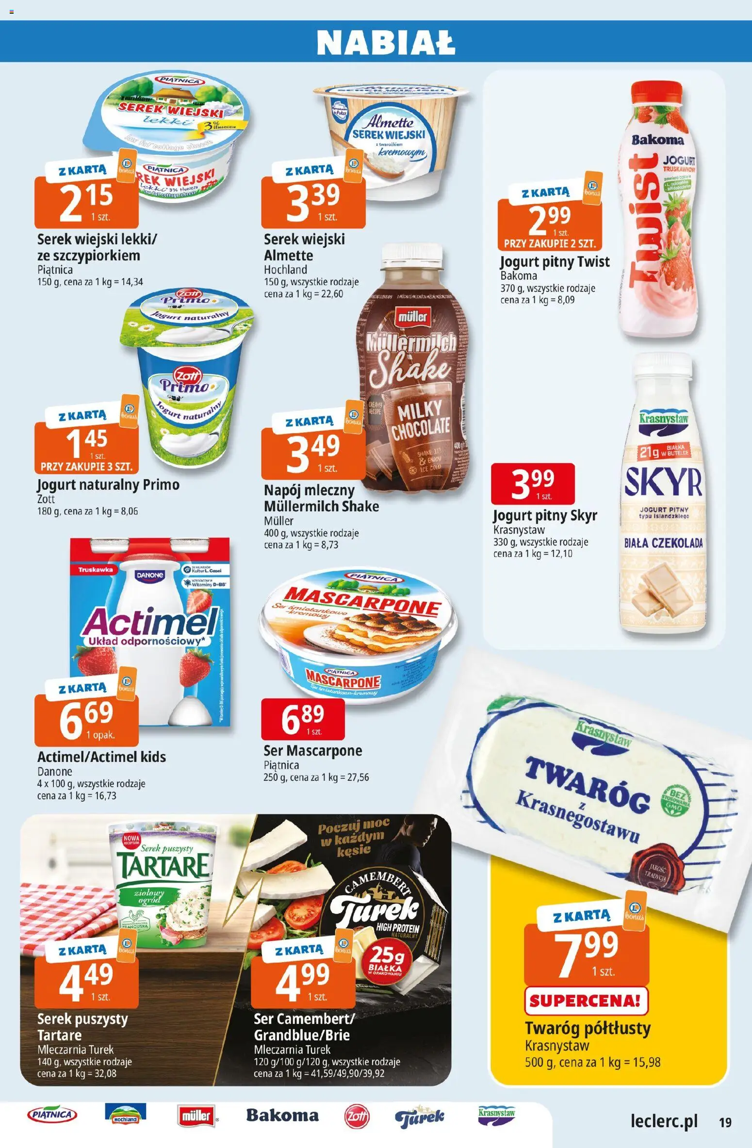 E.Leclerc gazetka - Zielona Góra od 10.03.2026 | Strona: 19 | Produkty: Twaróg półtłusty, Jogurt pitny, Mascarpone, Ser