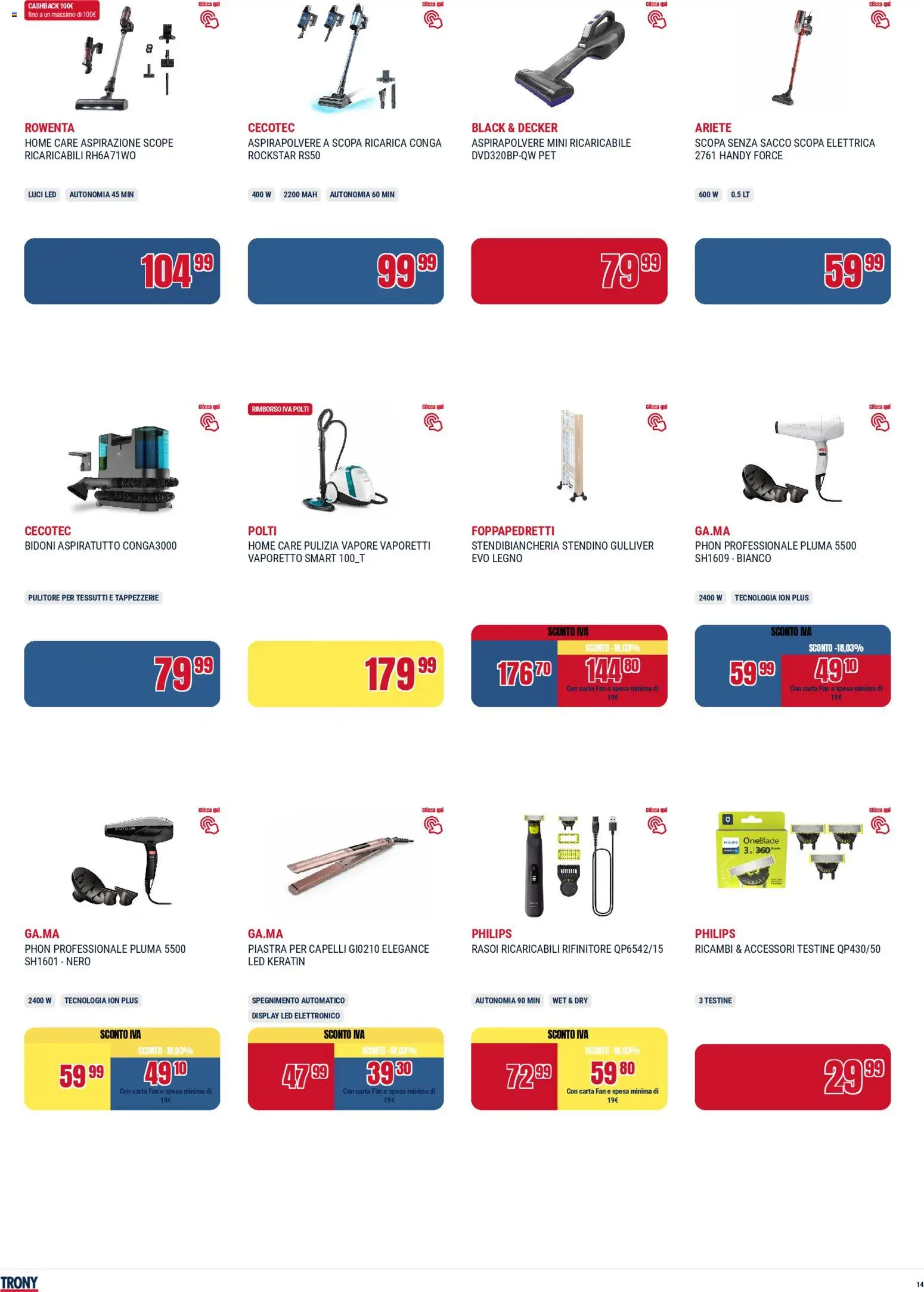Volantino Trony del 02.04.2026 | Pagina: 14 | Prodotti: Scopa elettrica, Scopa, Aspirapolvere, Fan