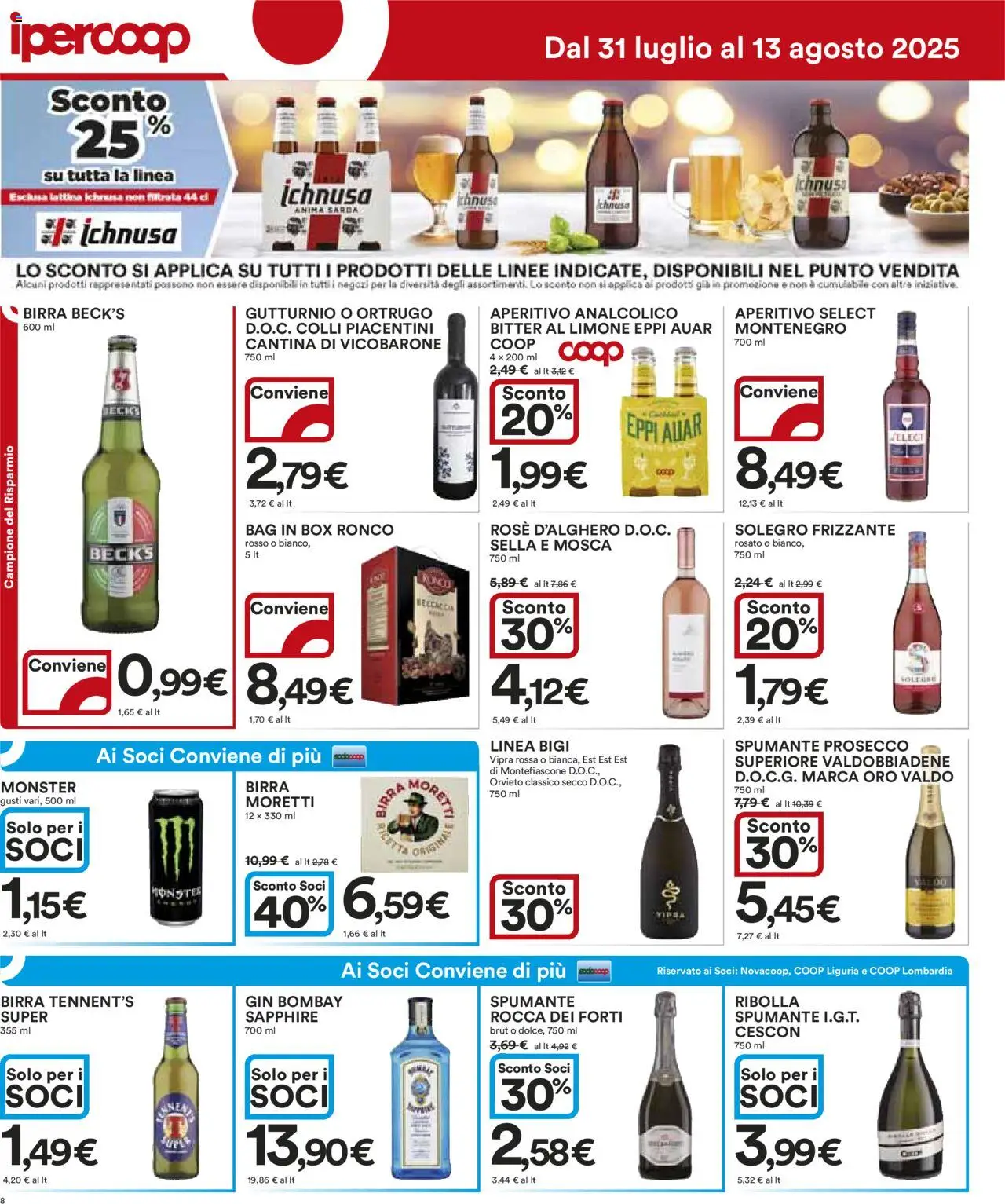 Volantino Ipercoop del 31.07.2025 | Pagina: 8 | Prodotti: Gin, Prosecco, Limone, Spumante