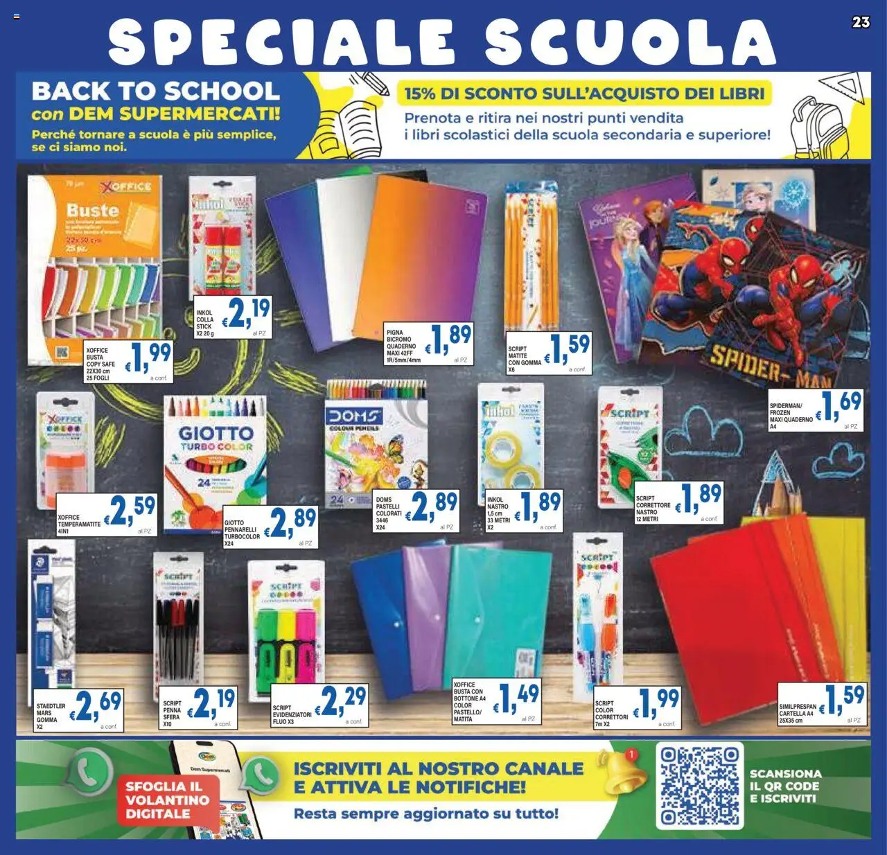 Volantino DEM del 27.08.2025 | Pagina: 23 | Prodotti: Temperamatite, Quaderno, Pennarelli, Correttore