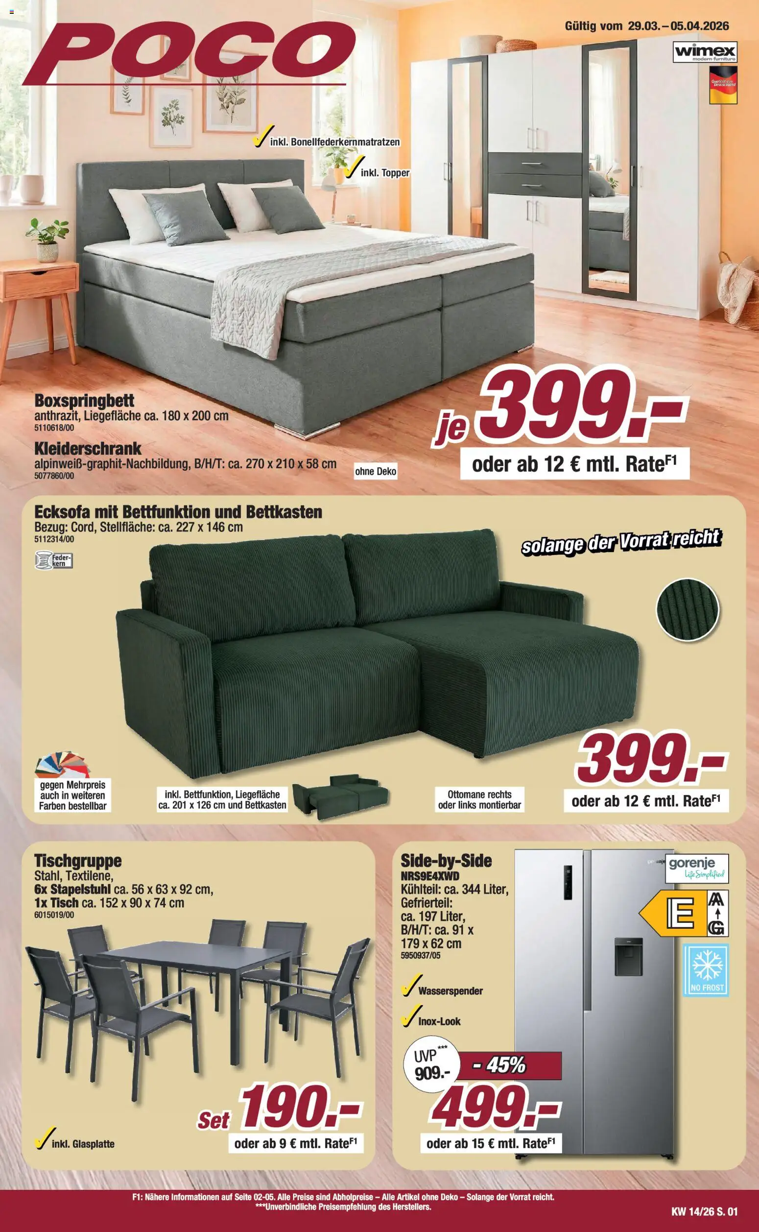 Poco Prospekt 	 – gültig ab 29.03.2026 | Seite: 1 | Produkte: Gorenje, Ecksofa, Boxspringbett, Tisch
