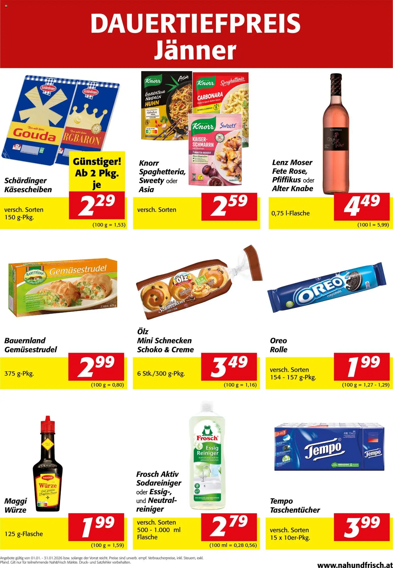 Nah und Frisch Dauertiefpreis Jänner gültig ab 01.01.2026 | Seite: 1 | Produkte: Pasta, Rosinen, Creme, Nudeln