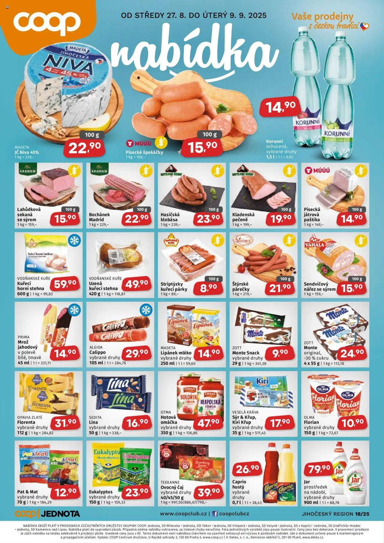 Coop leták - Jihočeský region od 27.08.2025 | Strana: 1 | Produkty: Lipánek, Sekaná, Klobása, Lina