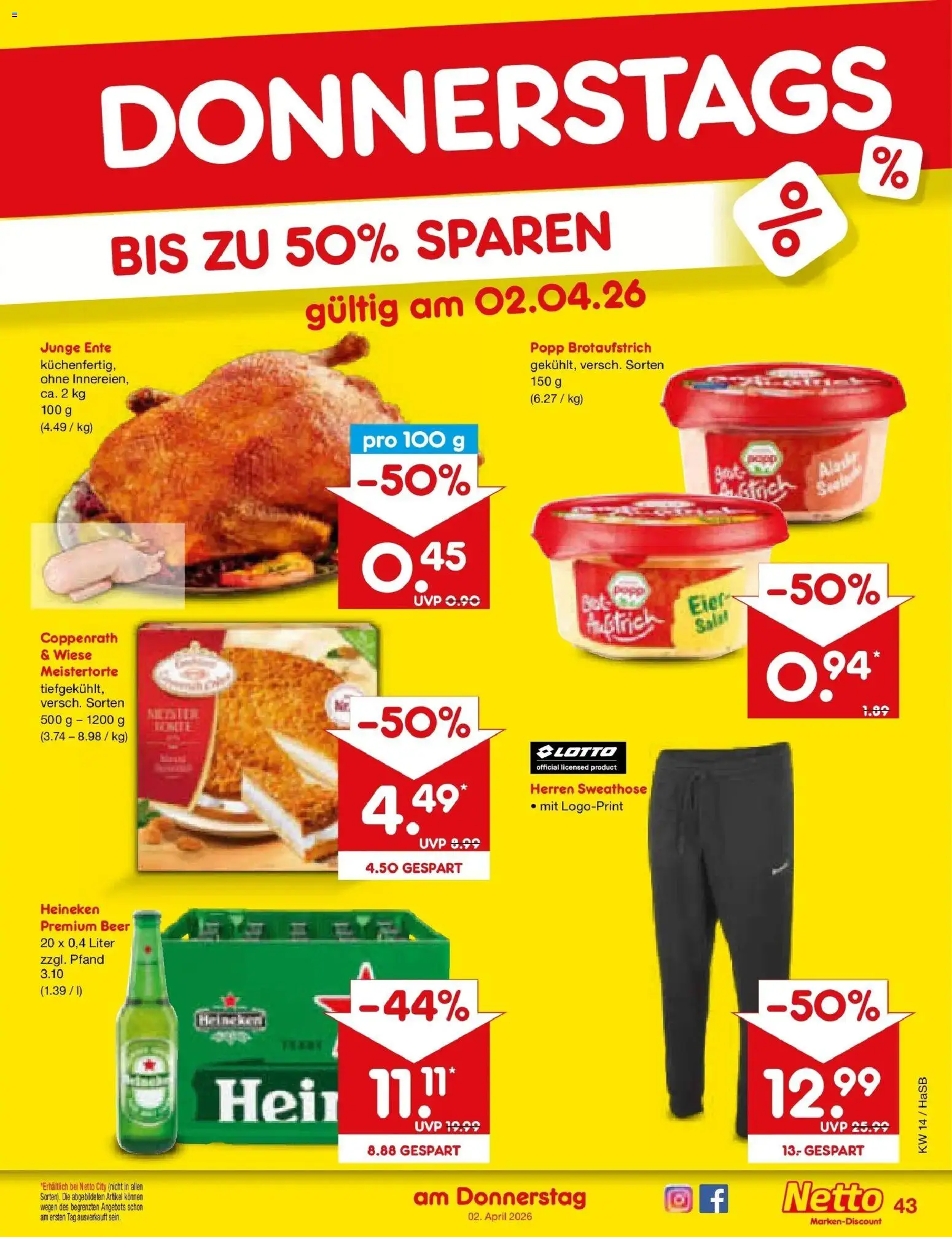 Netto Marken-Discount Prospekt Wuppertal	 – gültig ab 30.03.2026 | Seite: 57 | Produkte: Sweathose, Eier, Heineken, Ente
