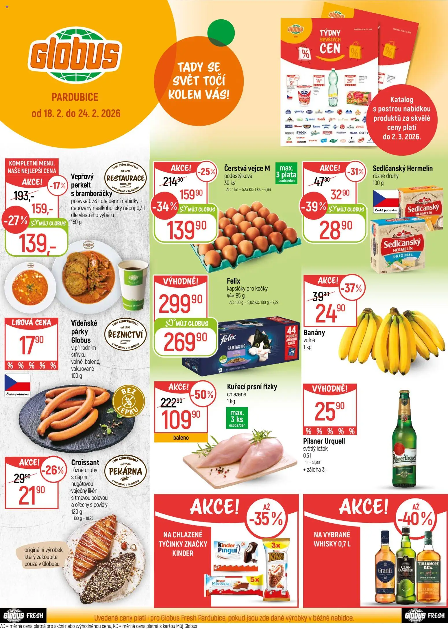 Globus leták - Pardubice od 18.02.2026 | Strana: 1 | Produkty: Párky, Ořechy, Pekárna, Kinder