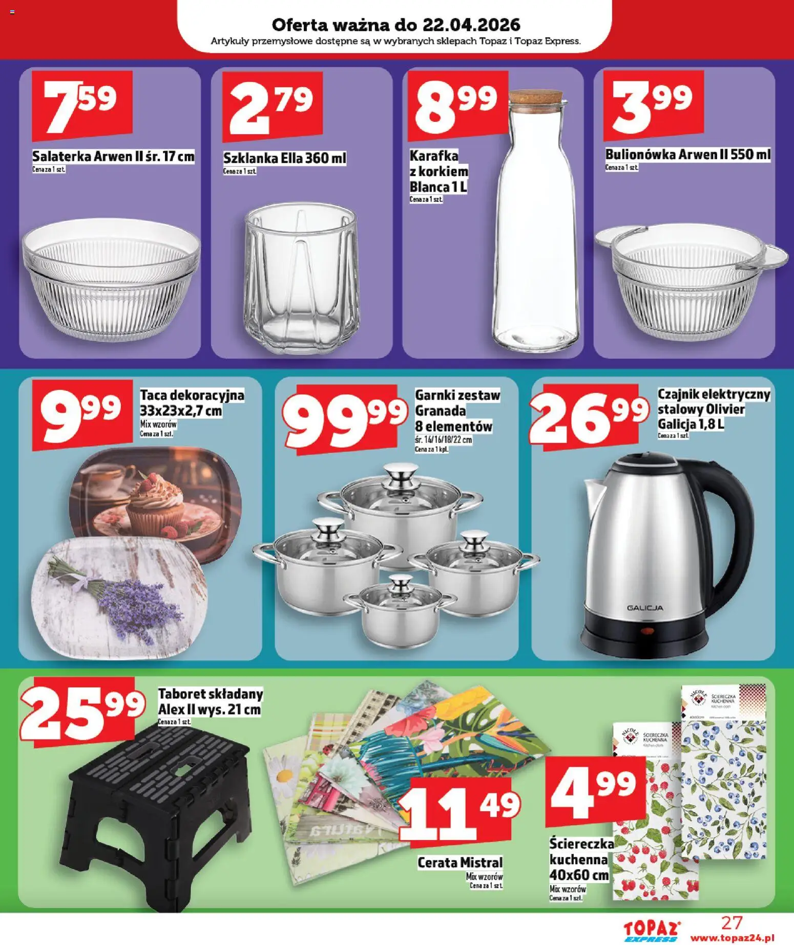 Topaz gazetka - Express od 16.04.2026 | Strona: 27 | Produkty: Szklanka, Czajnik, Artykuły przemysłowe, Garnki