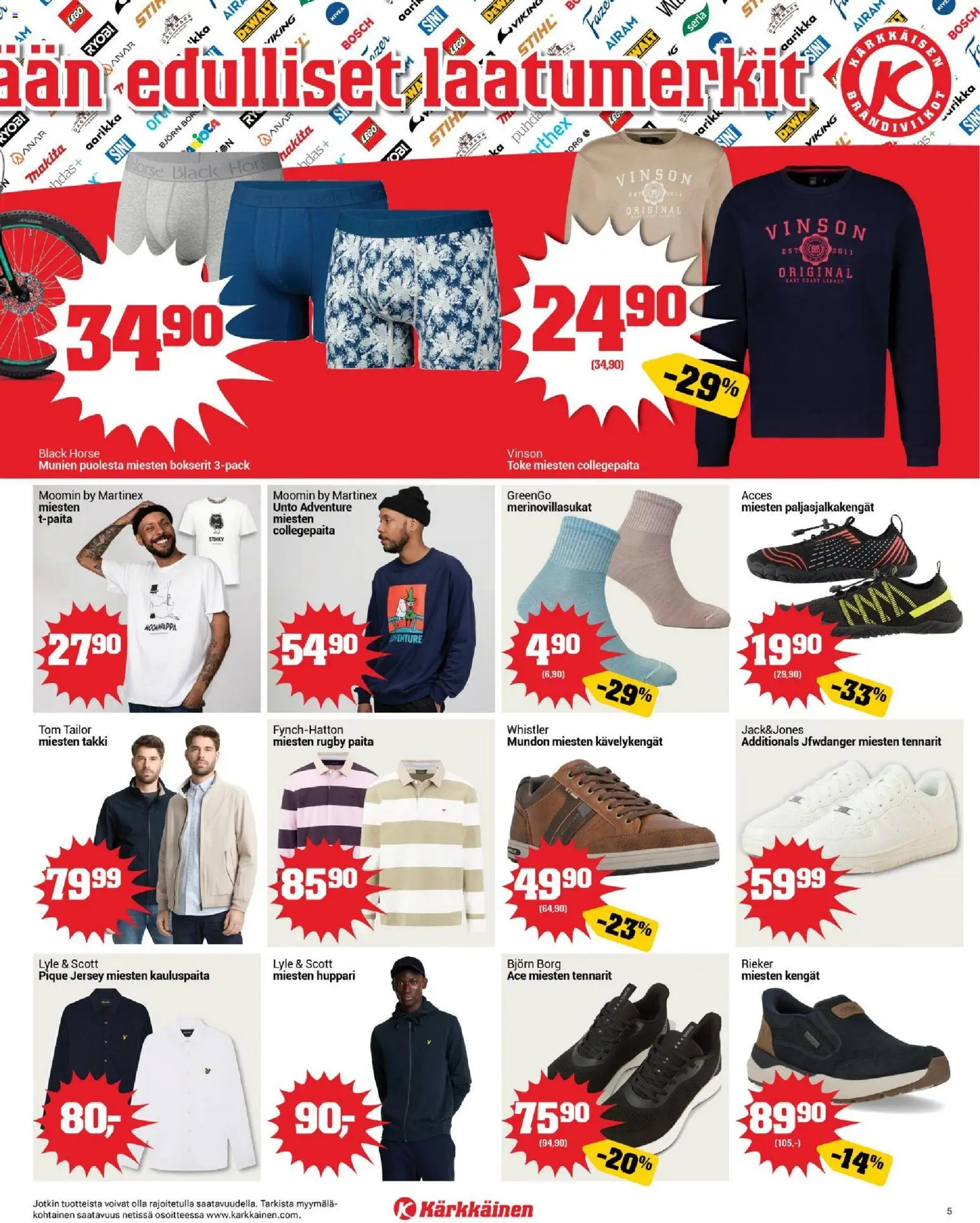 Kärkkäinen tarjoukset – voimassa 18.03.2026 alkaen | Sivu: 5 | Tuotteet: Kauluspaita, Paljasjalkakengät, Paita, Bokserit