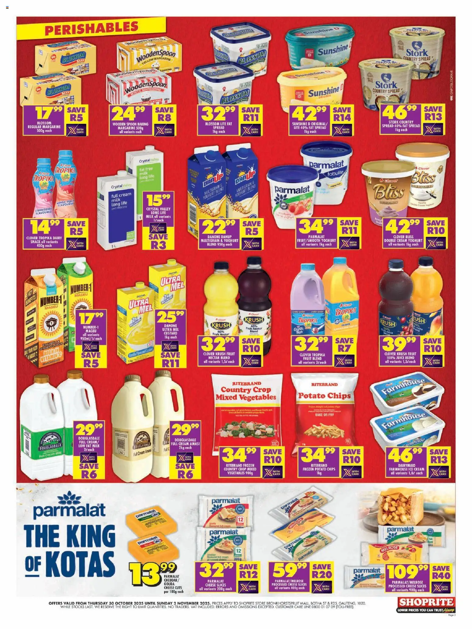 New Shoprite catalogue – valid from 30.10.2025 | Page: 3 | Products: Yoghurt, Ice cream, Vegetables, Fat spread