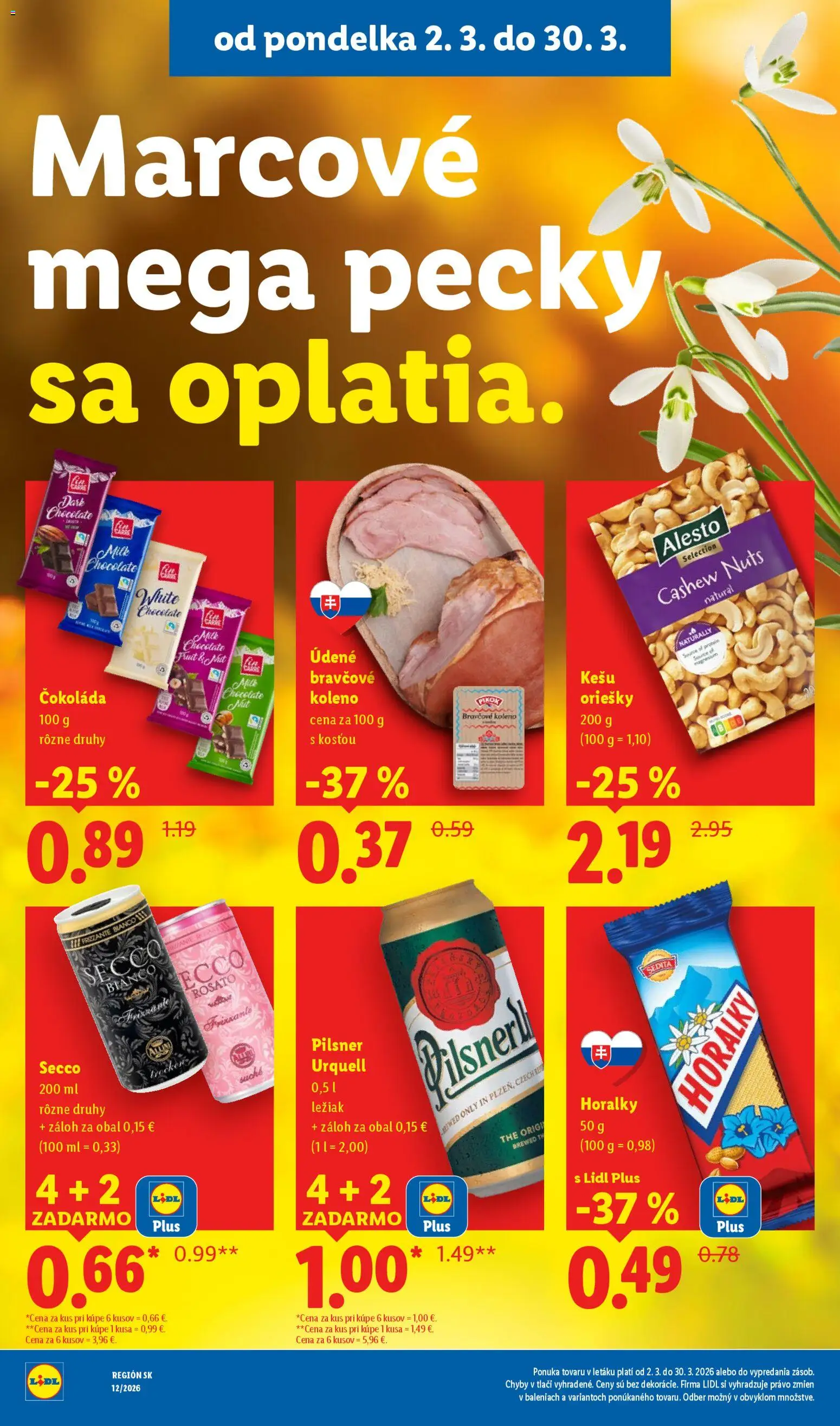 Nové Lidl akcie – leták je platný od 23.03.2026 | Strana: 70 | Produkty: Pilsner Urquell, Bravčové koleno, Čokoláda, Horálky