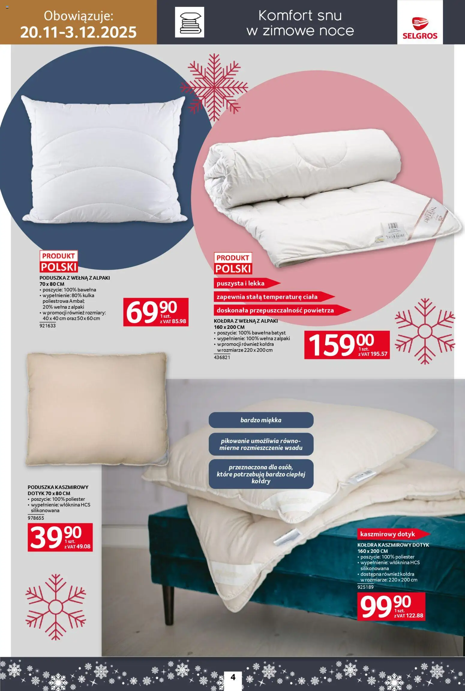 Selgros cash&carry Gazetka - Home&Deco od 20.11.2025 | Strona: 4 | Produkty: Poduszka, Kołdra