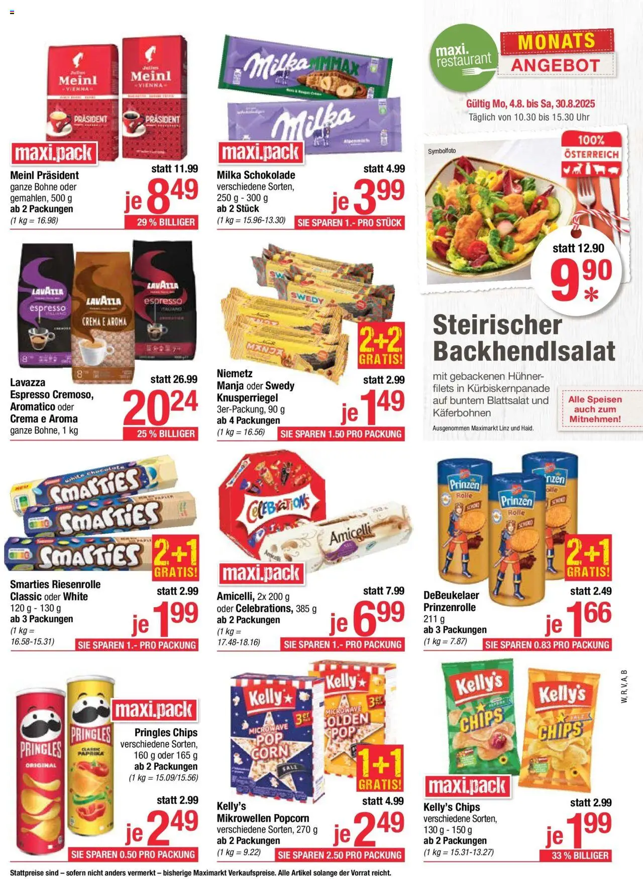 Maximarkt Flugblatt Flugblatt Anif, Bruck an der Großglocknerstraße gültig ab 11.08.2025 | Seite: 11 | Produkte: Chips, Salz, Uhr, Schokolade
