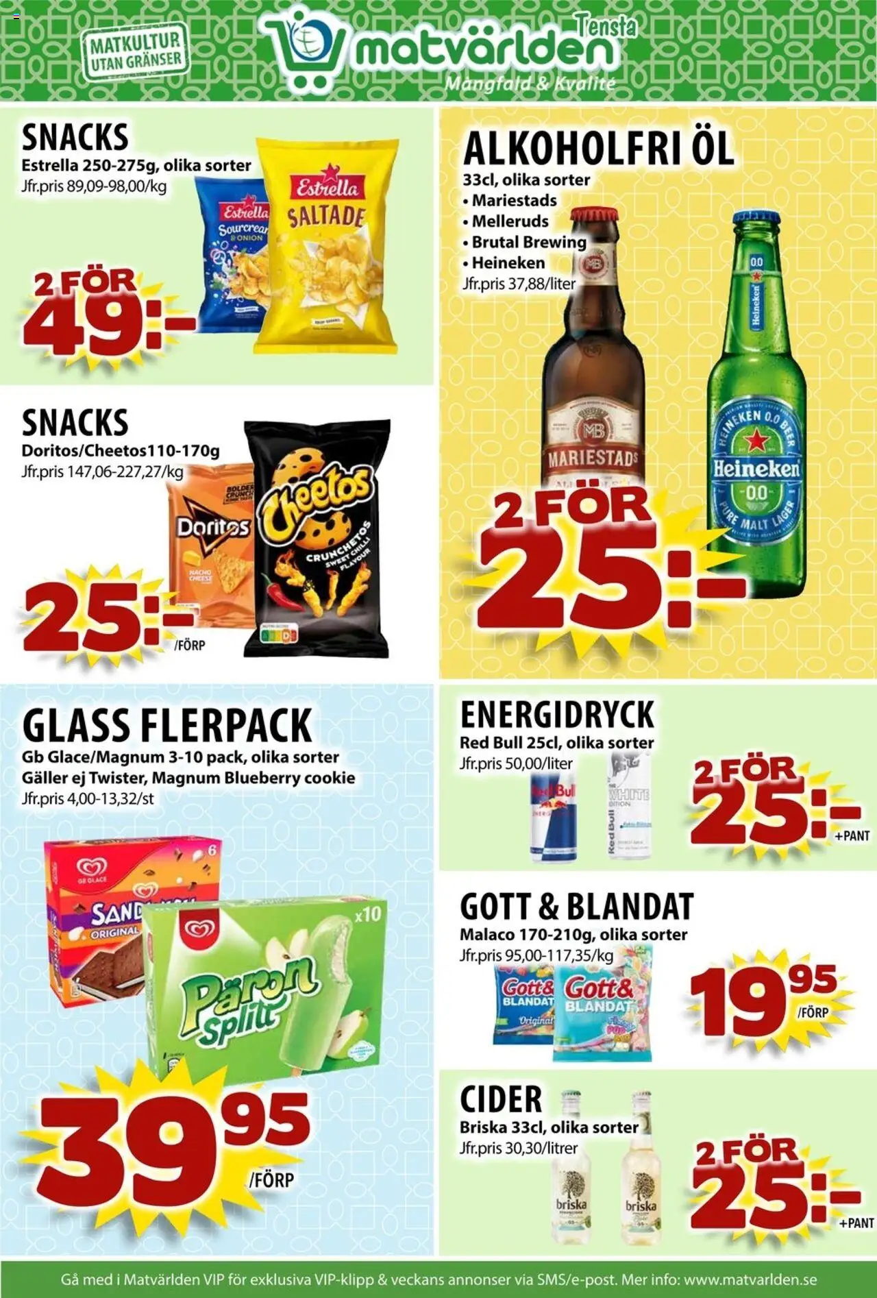 Matvärlden reklamblad aktuell från 20.10.2025 | Sida: 8 | Produkter: Energidryck, Öl, Cider, Glass