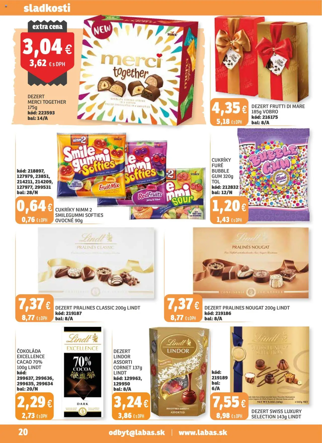 Nové Labaš akcie – leták je platný od 17.10.2025 | Strana: 20 | Produkty: Lindt, Merci, Čokoláda, Cukríky