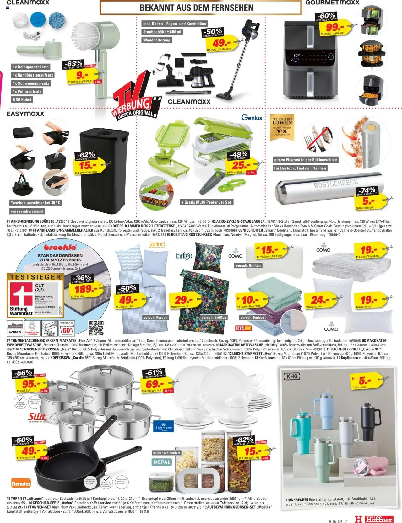 Höffner Prospekt 	 - gültig ab dem 30.07.2025 | Seite: 7 | Produkte: Kabel, Bettwäsche, Kopfkissen, Heißluftfritteuse