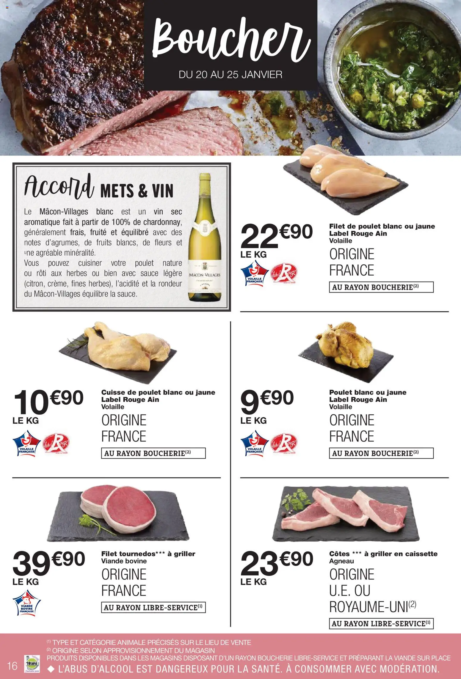 {H1} | Page: 16 | Produits: Vin, Cuisse de poulet, Tournedos, Viande bovine