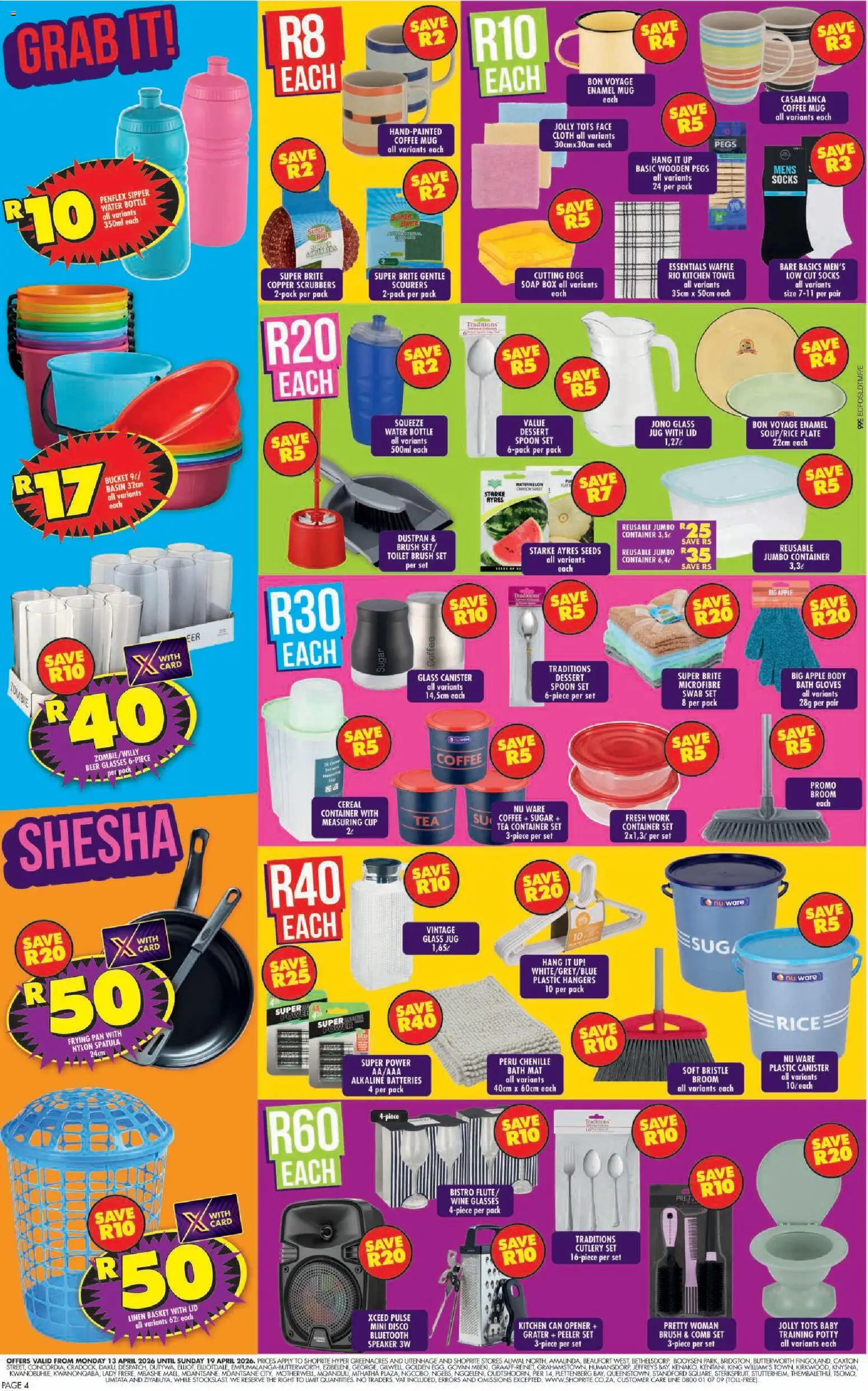 New Shoprite catalogue – valid from 13.04.2026 | Page: 4 | Products: Socks, Box, Coffee, Enamel