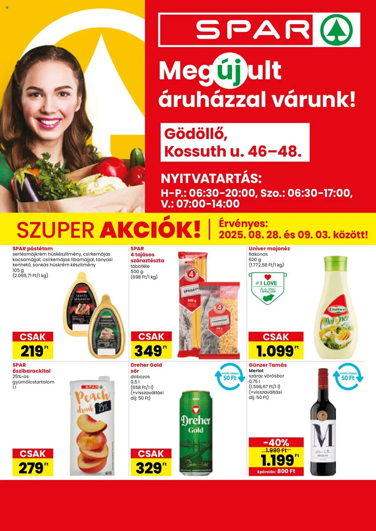 Spar akciós ujság - amely érvényes a következő dátumtól: 28.08.2025 | Oldal: 1 | Termékek: Pástétom, Vörösbor, Száraztészta, Majonéz