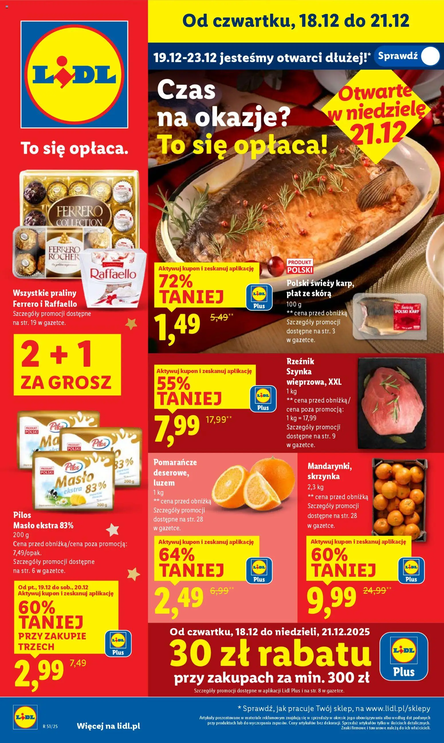 Lidl Gazetka od 18.12.2025 | Strona: 1 | Produkty: Praliny, Szynka, Pomarańcze, Ferrero rocher