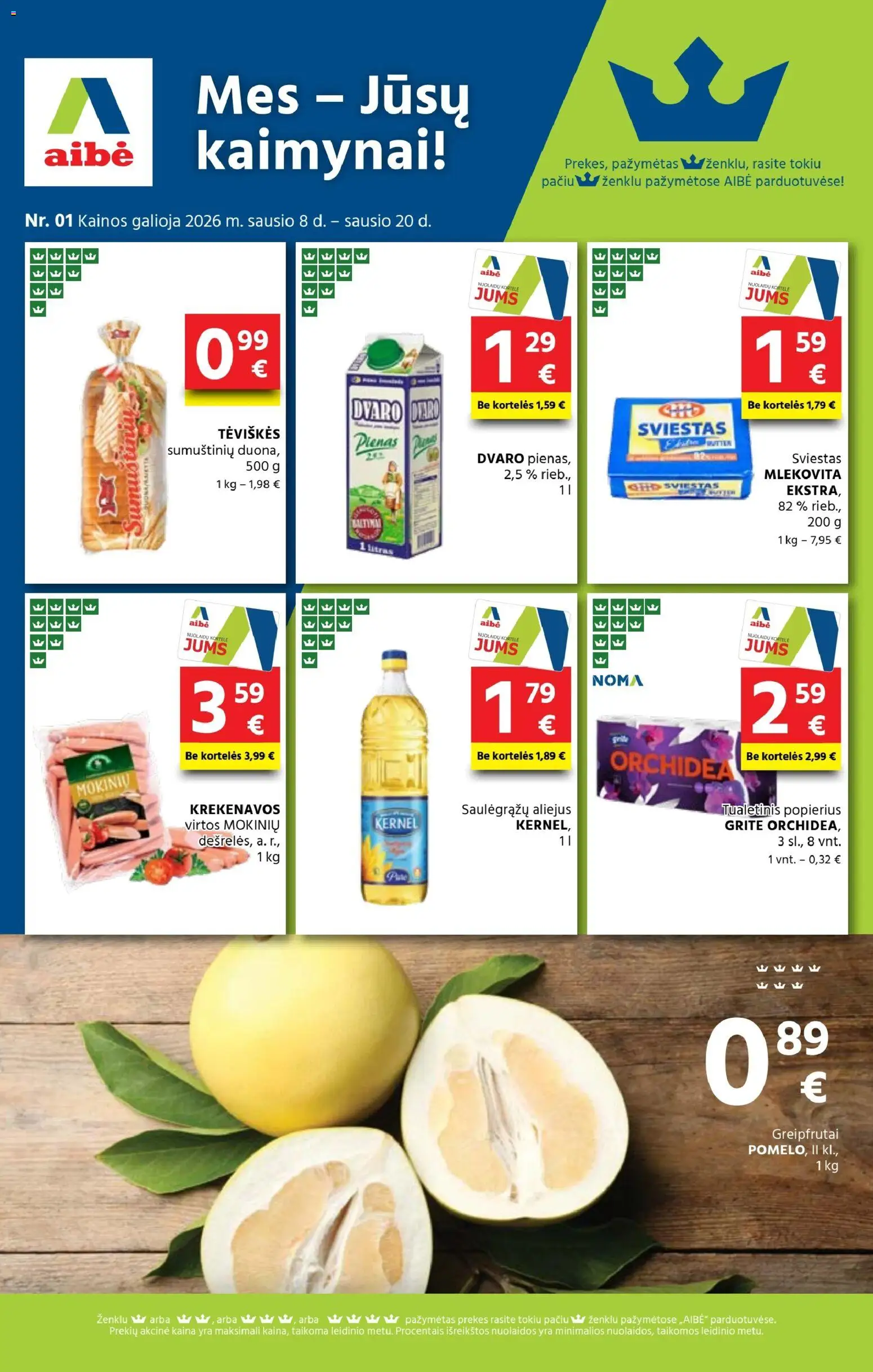 AIBE akcijos nuo 08.01.2026 | Puslapis: 1 | Prekių: Pienas, Sviestas, Aliejus, Tualetinis popierius
