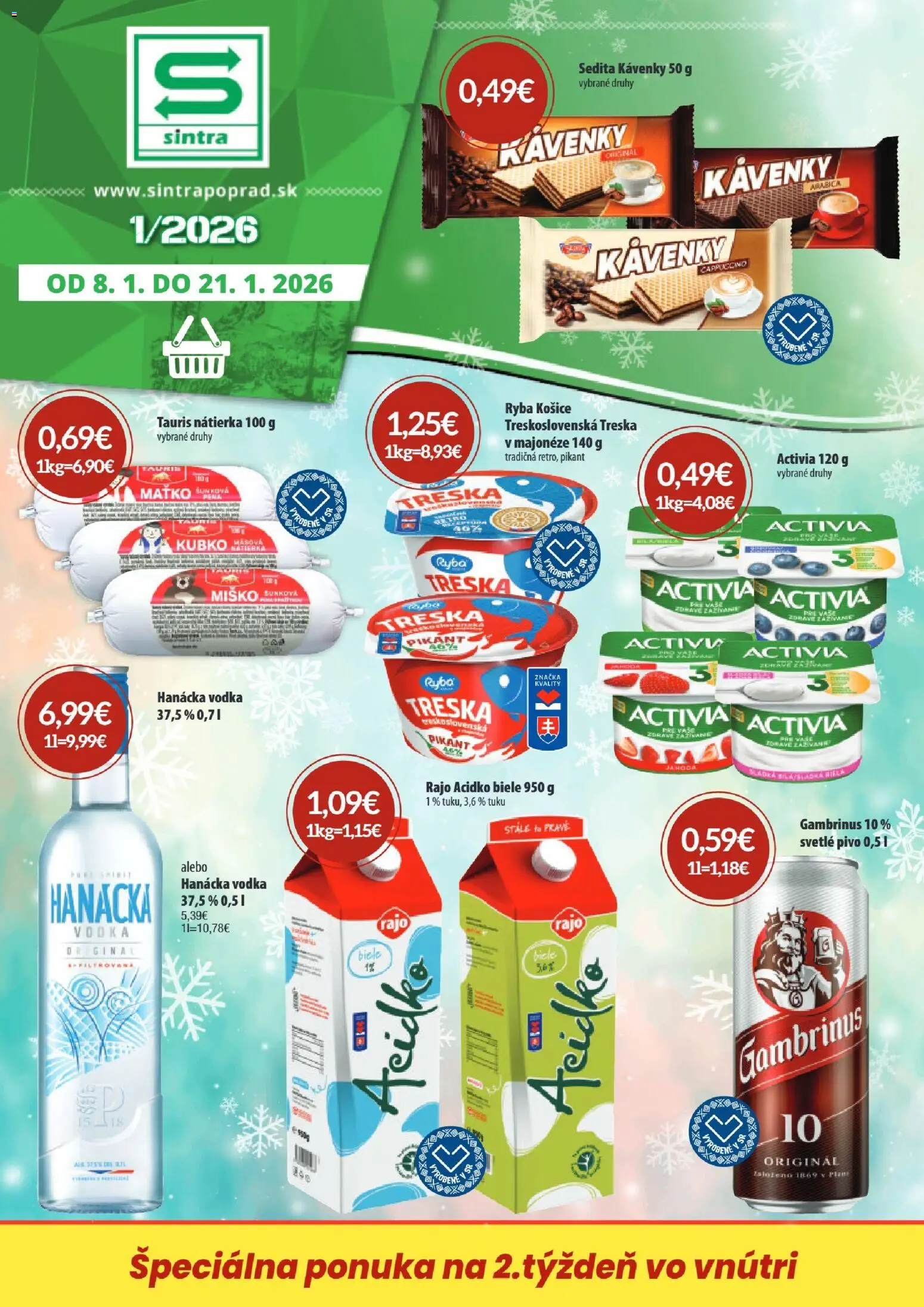 Nové Sintra akcie – leták je platný od 08.01.2026 | Strana: 1 | Produkty: Pivo, Vodka, Acidko, Gambrinus