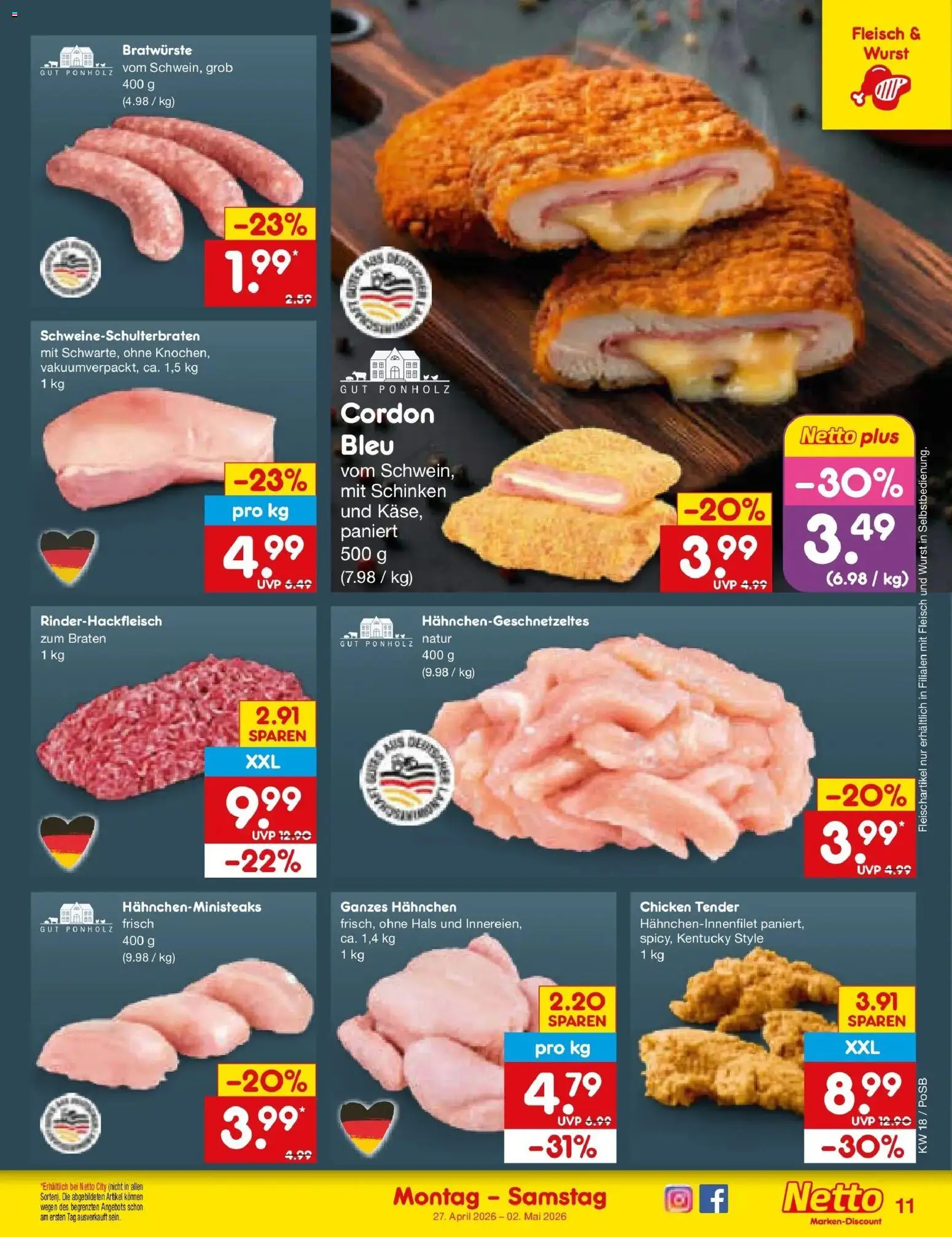 Netto Marken-Discount Prospekt Regensburg	 – gültig ab 27.04.2026 | Seite: 13 | Produkte: Hahnchen, Wurst, Schinken, Fleisch