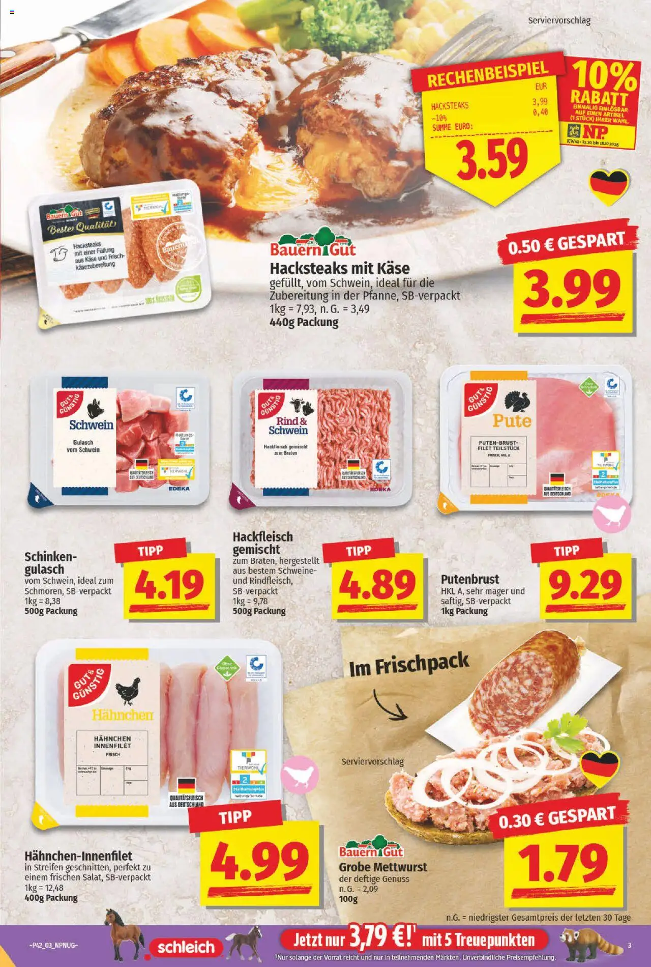 NP Discount Prospekt 	 – gültig ab 13.10.2025 | Seite: 3 | Produkte: Käse, Gulasch, Schinken, Hackfleisch