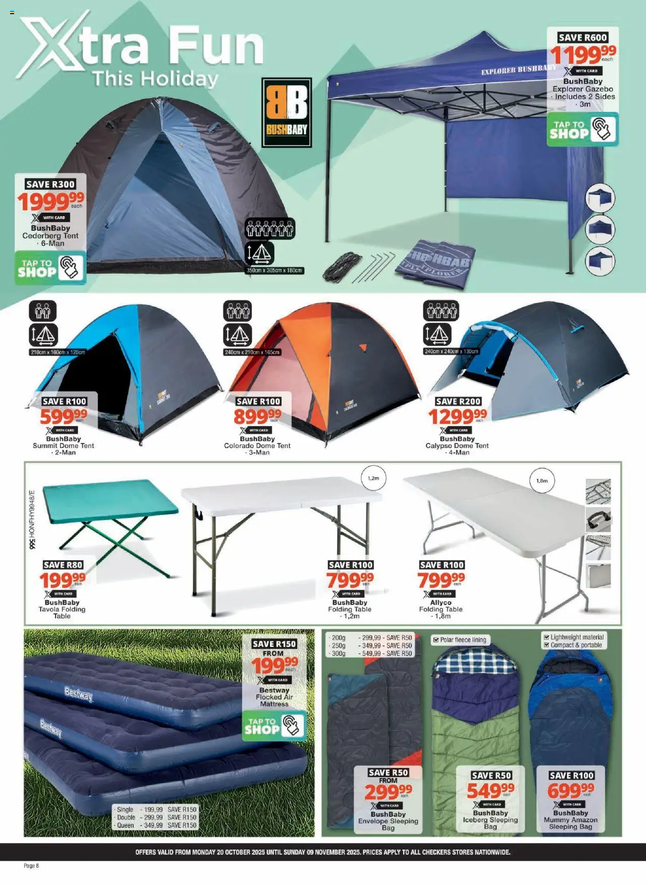 New Checkers catalogue – valid from 20.10.2025 | Page: 8 | Products: Bag, Mattress, Sleeping bag, Tap