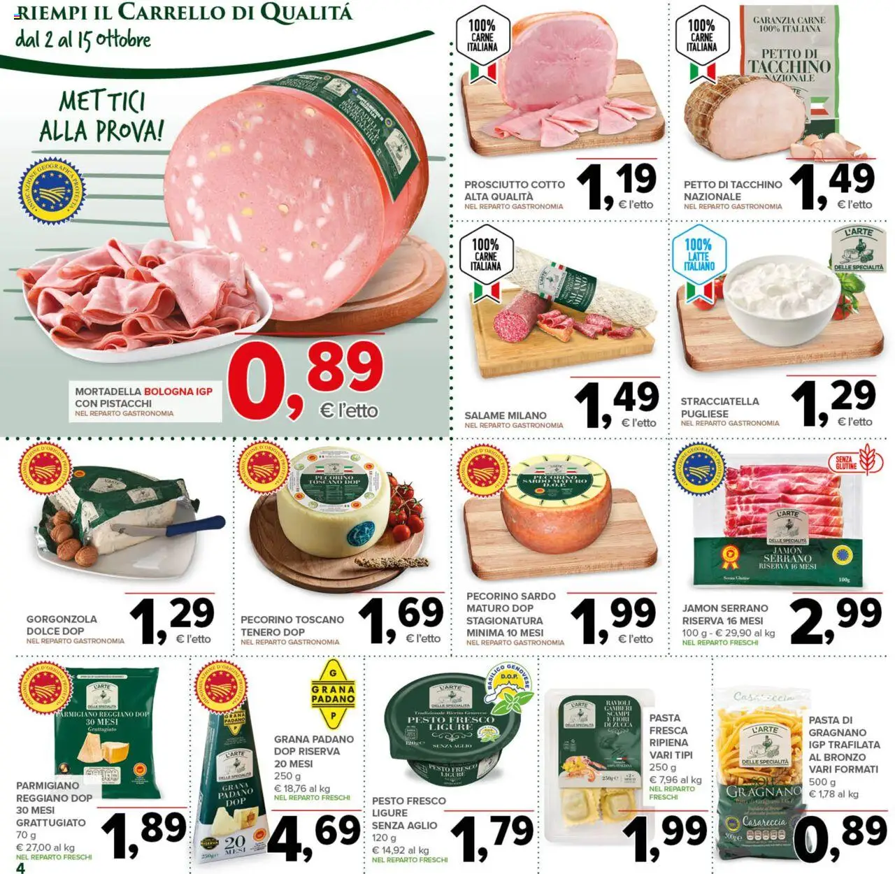 Volantino Todis del 02.10.2025 | Pagina: 4 | Prodotti: Tacchino, Carrello, Mortadella, Grana Padano
