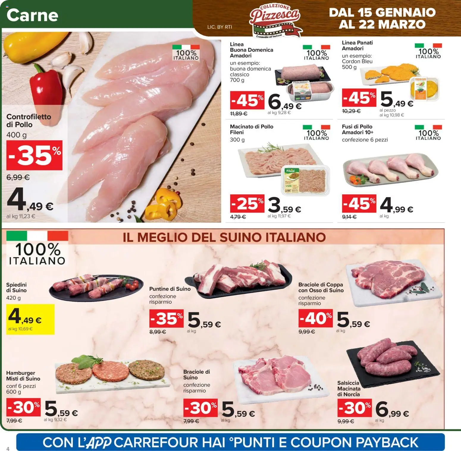 Volantino Carrefour del 17.02.2026 | Pagina: 4 | Prodotti: Salsiccia, Hamburger, Spiedini, Macinato