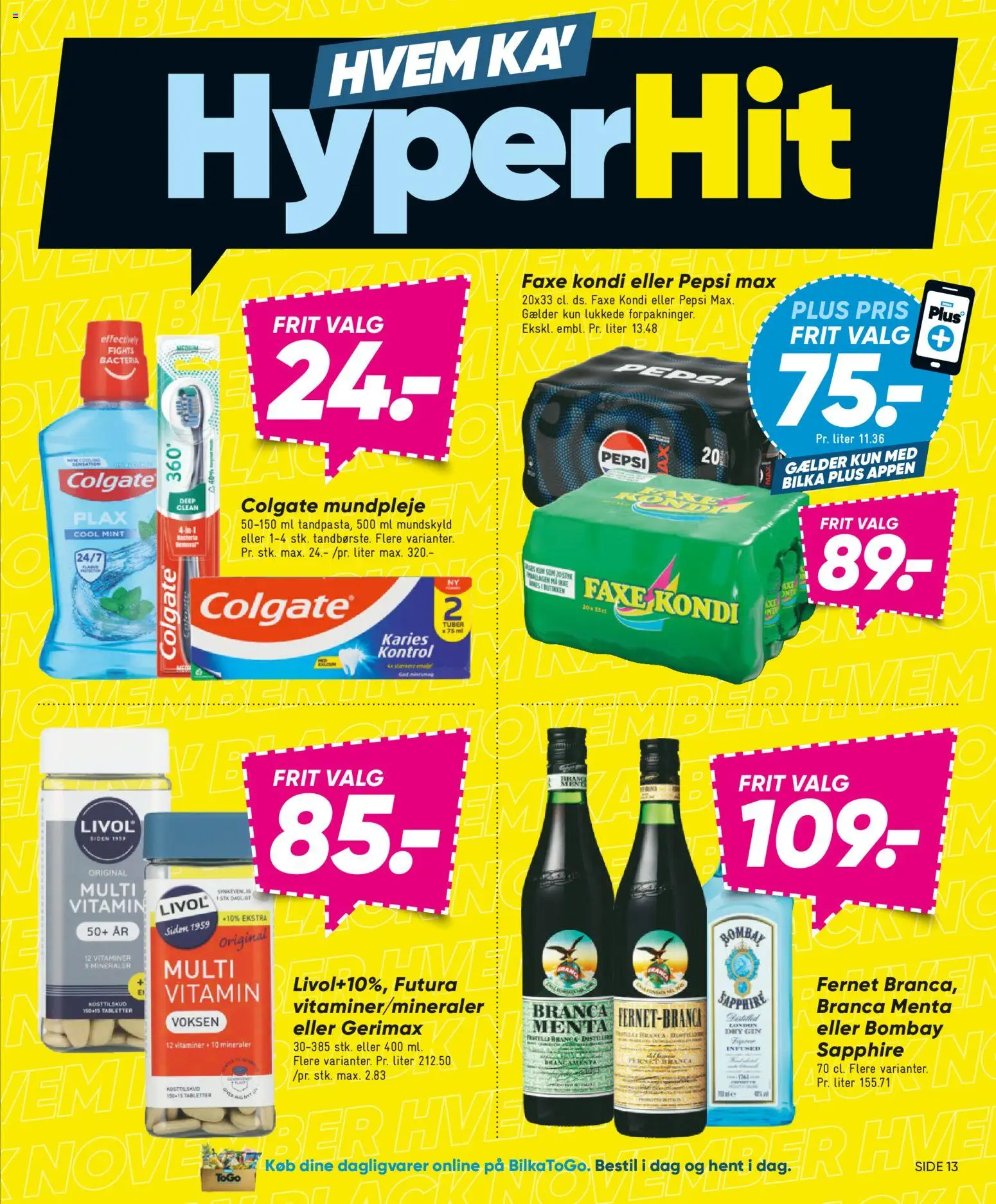Bilka tilbudsavis – gyldig fra 21.11.2025 | Side: 13 | Produkter: Gin, Faxe Kondi, Pepsi, Pepsi Max