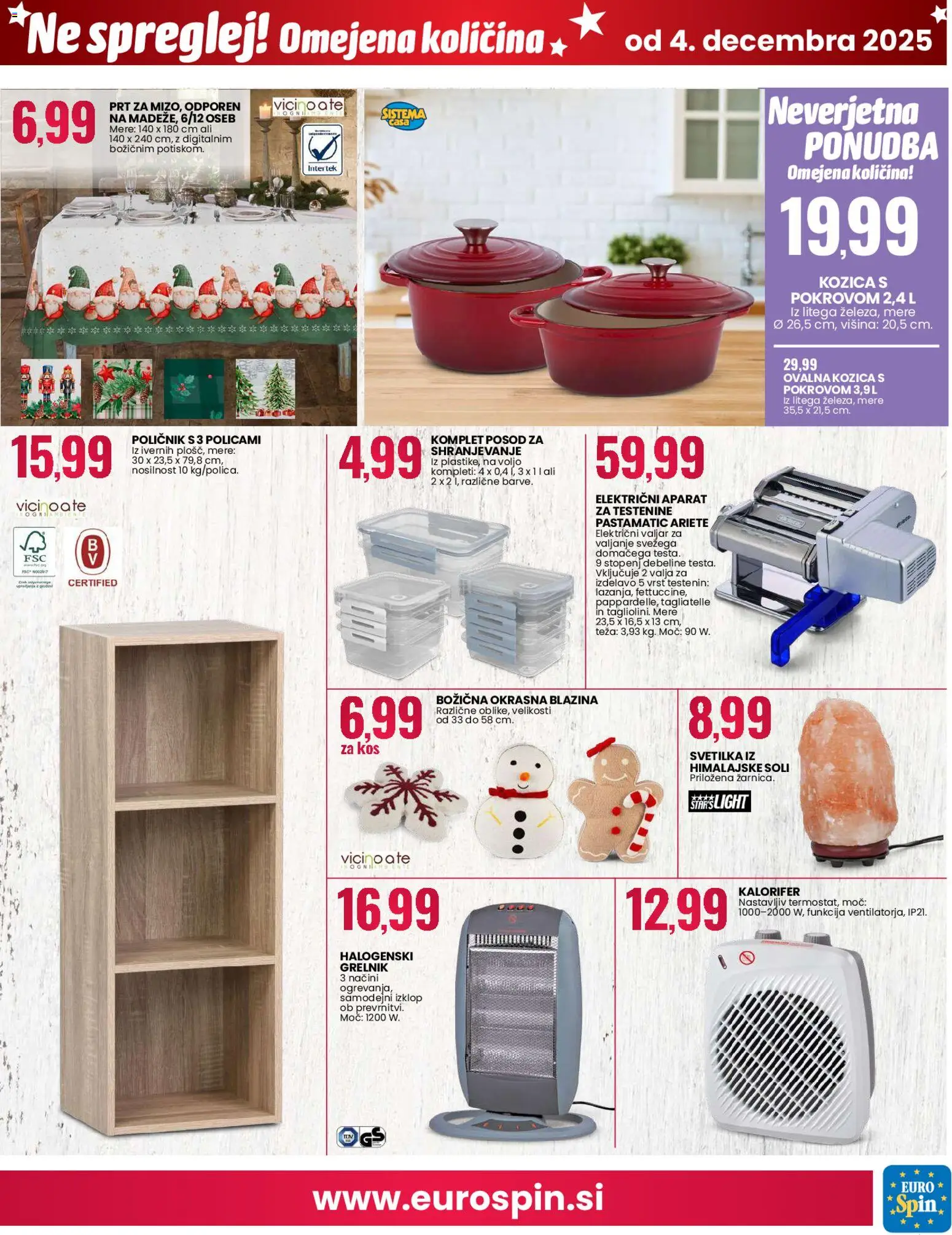 Novi Eurospin katalog ponudbe – veljaven od 04.12.2025 | Stran: 15 | Izdelki: Poličnik, Kos, Svetilka, Testenine