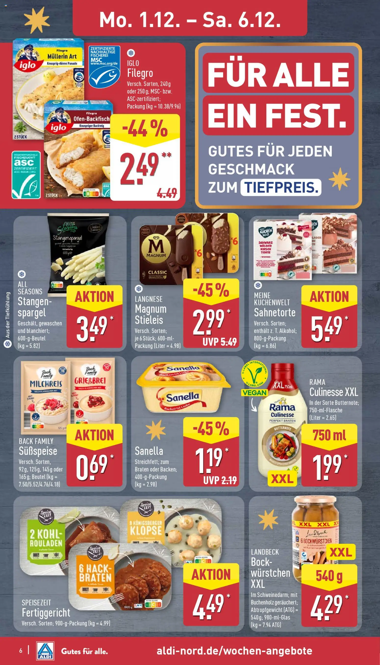 Aldi Prospekt 	 – gültig ab 01.12.2025 | Seite: 6 | Produkte: Rama, Iglo, Sanella, Kuchen