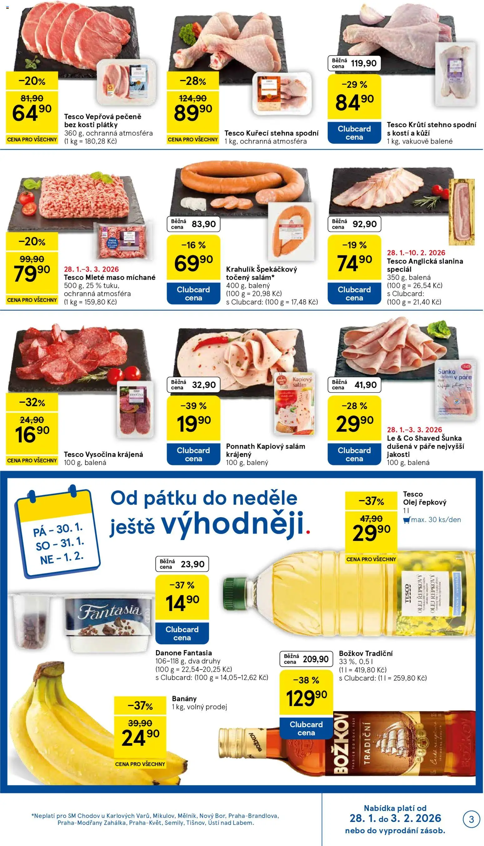 Tesco leták - Supermarket od 28.01.2026 | Strana: 3 | Produkty: Banány, Řepkový olej, Maso, Kuřecí stehna