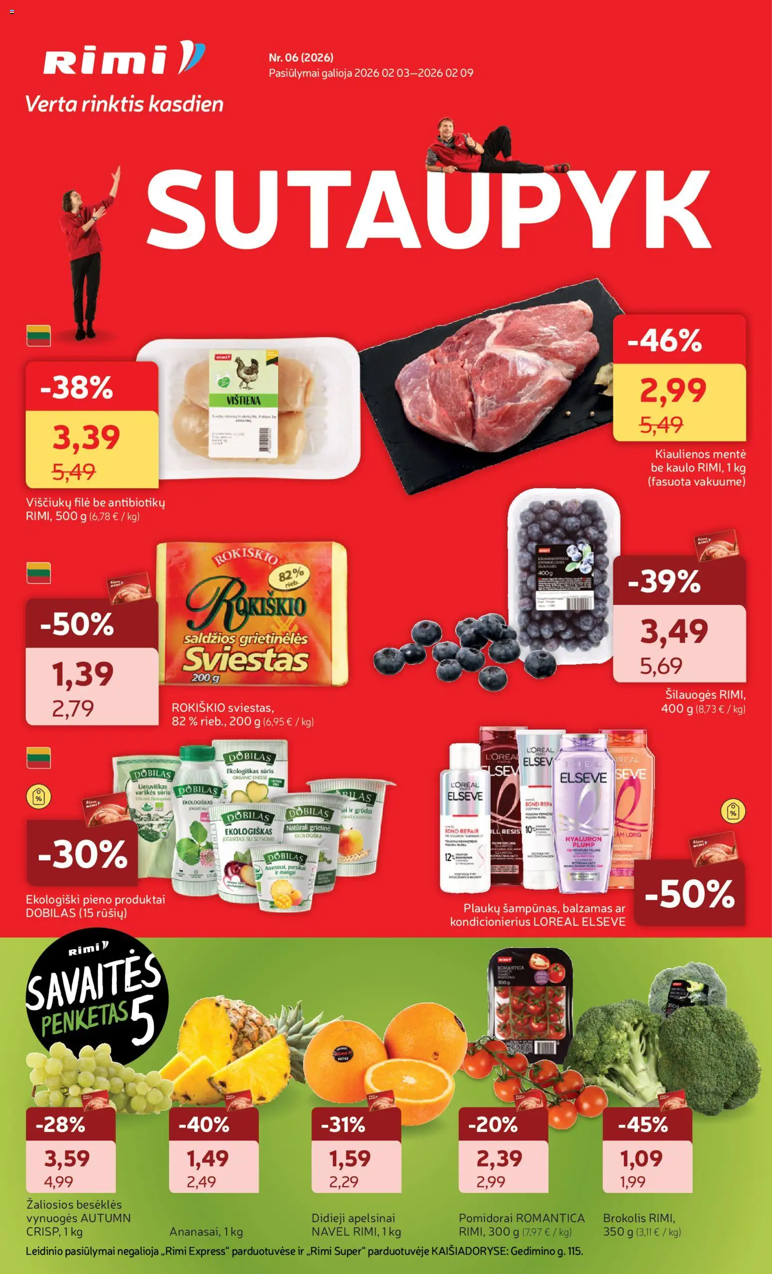 Rimi akcijos nuo 03.02.2026 | Puslapis: 1 | Prekių: Brokolis, Šilauogės, Jogurtas, Apelsinai