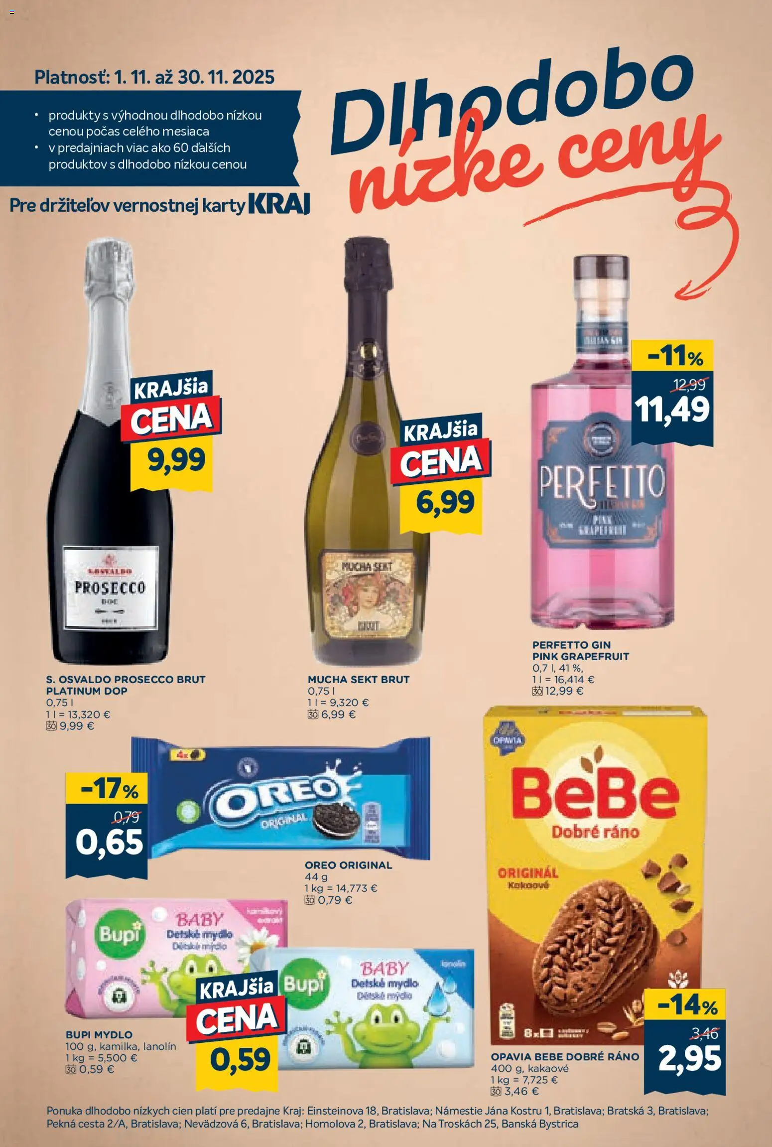Nové Kraj akcie – leták je platný od 06.11.2025 | Strana: 15 | Produkty: Prosecco, Mydlo, Gin, Grapefruit