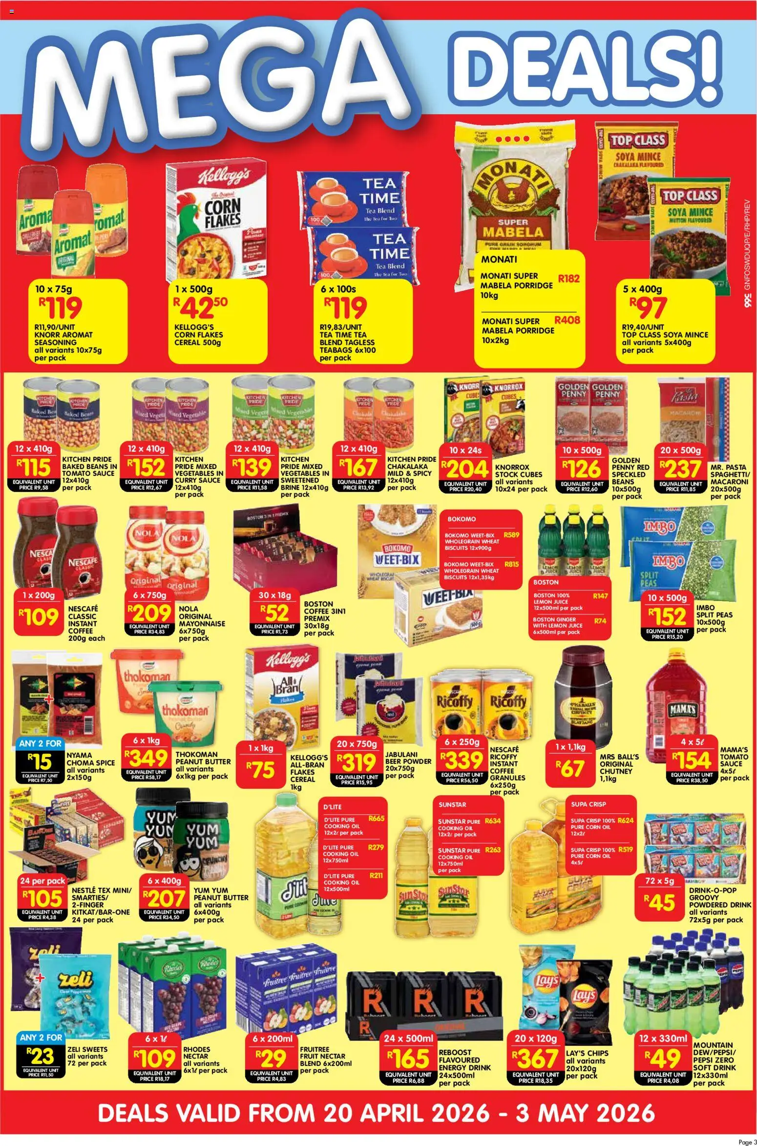 New Shoprite catalogue – valid from 20.04.2026 | Page: 3 | Products: Butter, Flakes, Peanut butter, Soya mince